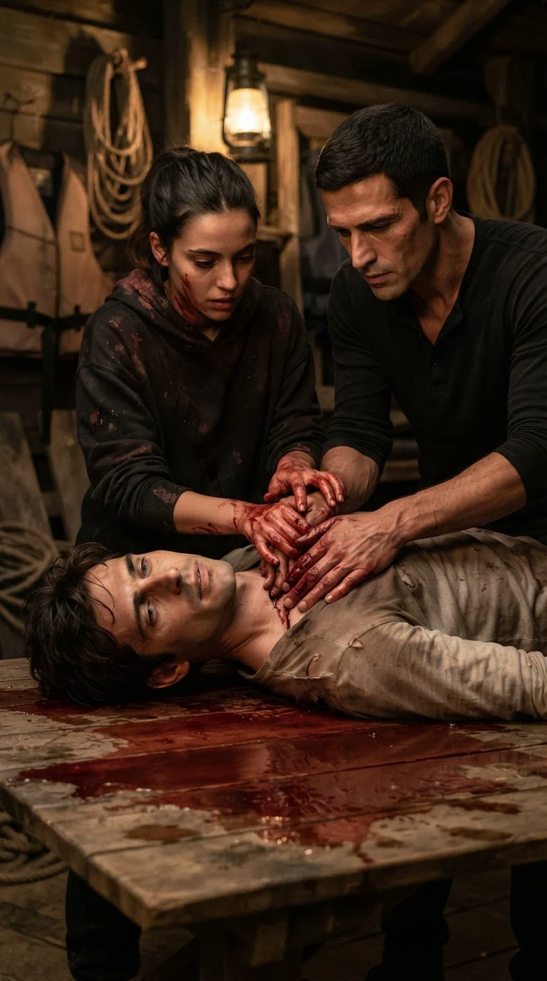 Saverio presses hard on Luca’s wound while Renata guides his hands.