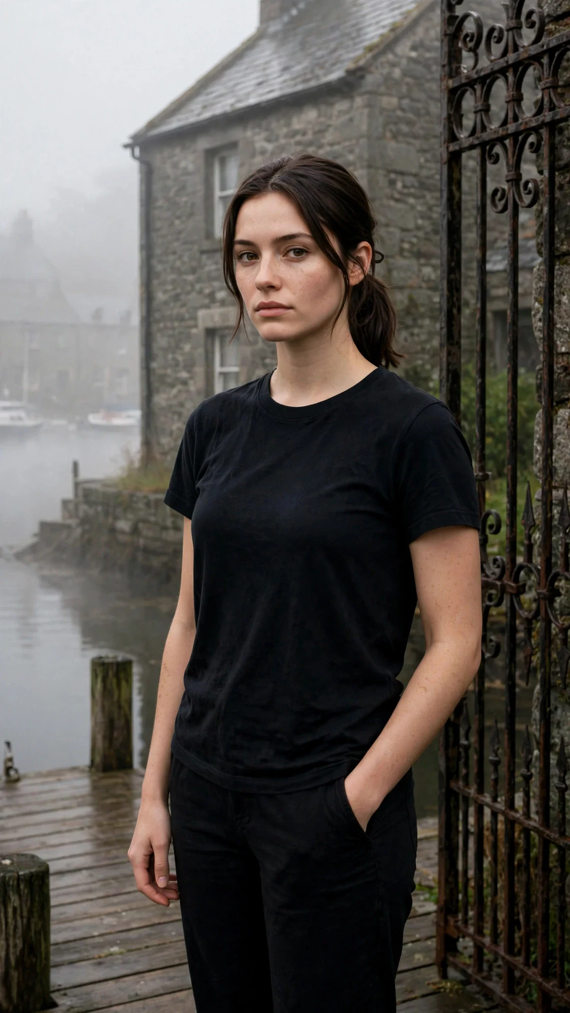 A young woman in dark clothes stands at an iron gate in early morning light, jaw set.