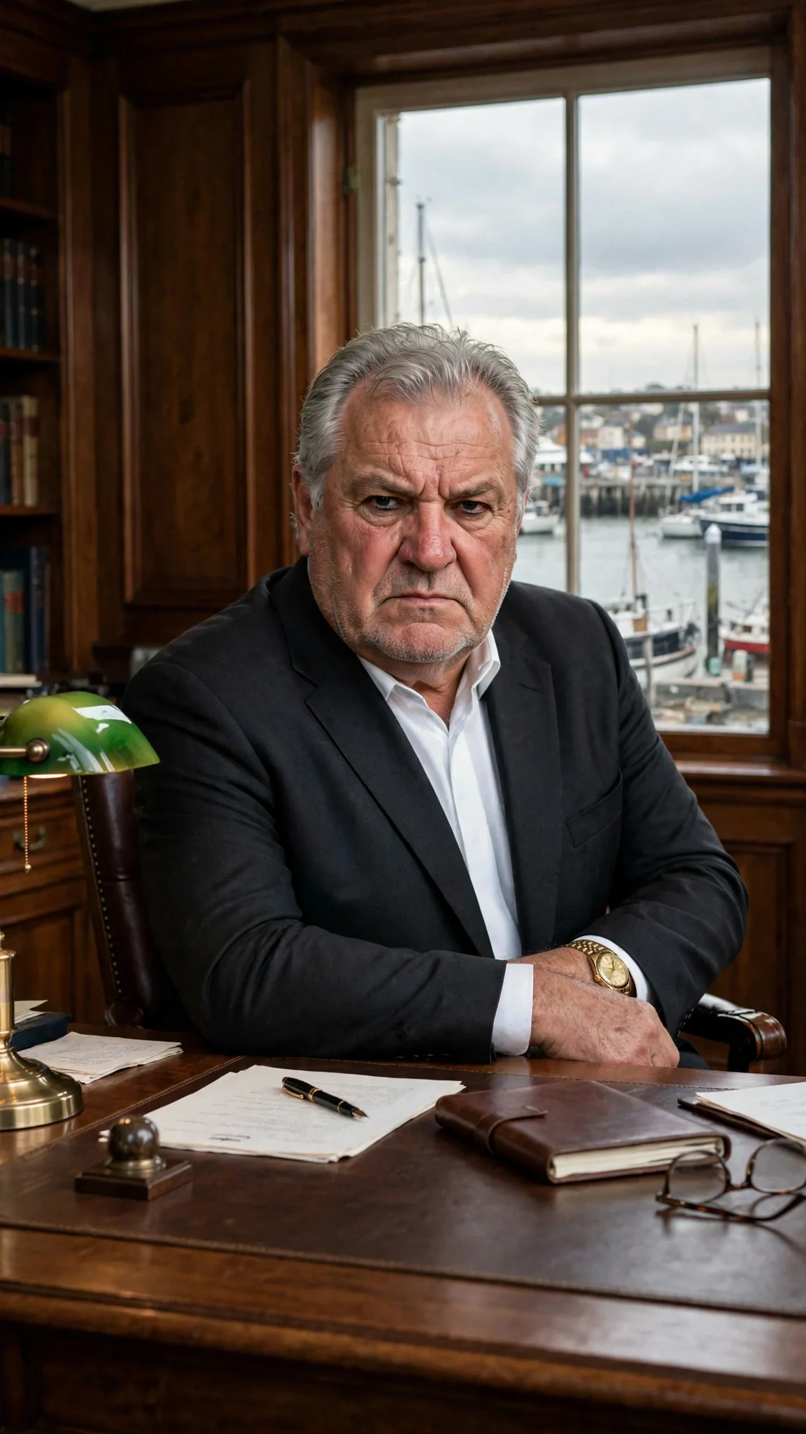 A heavy-set older man in a dark suit sits behind a desk in a wood-paneled study.