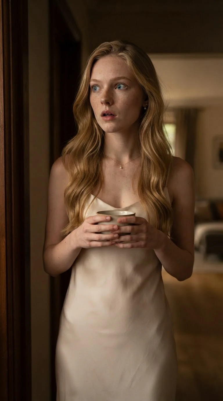 A polished blonde woman in a pale silk dress stands in a study doorway, holding a cup.