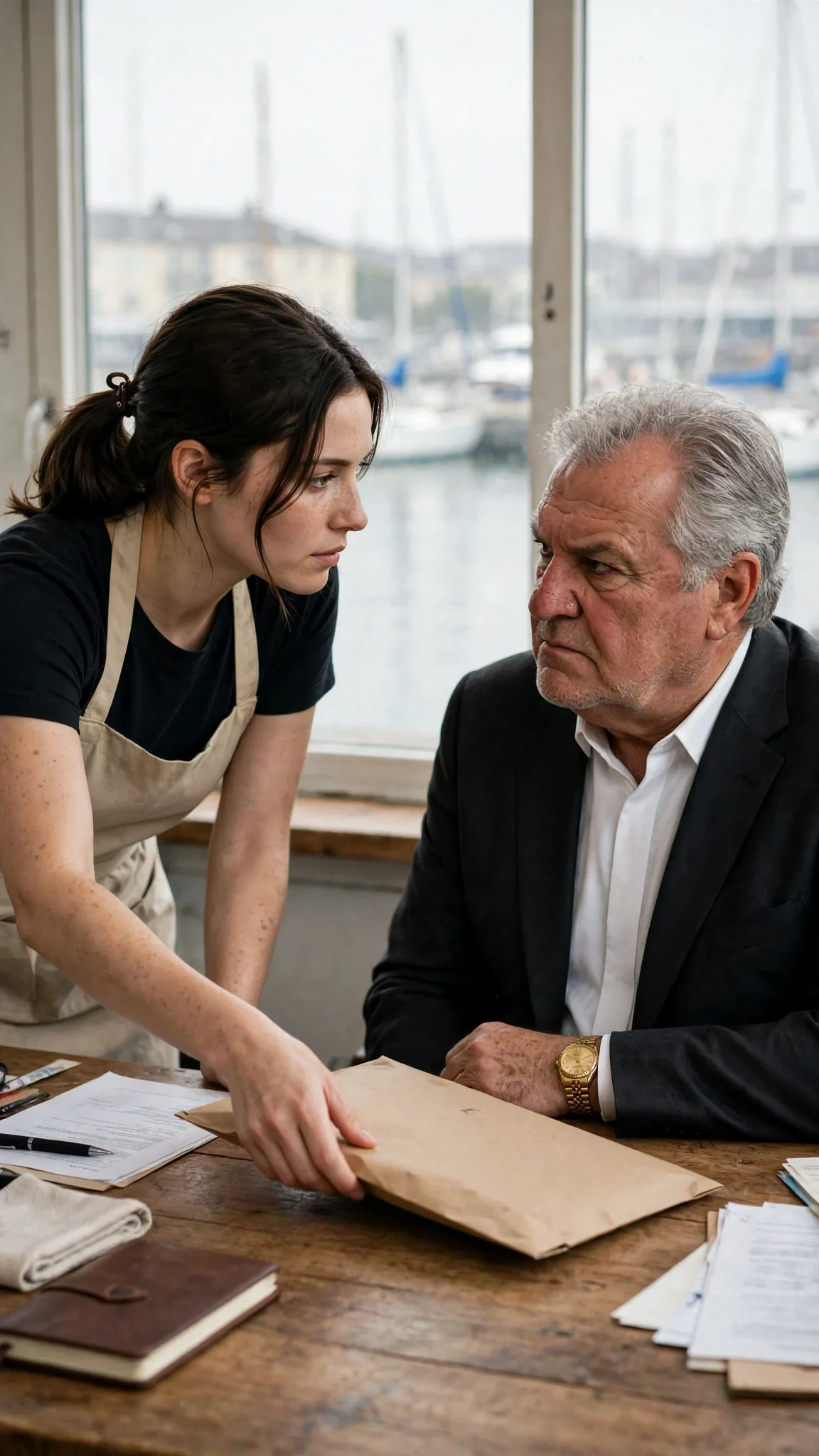 A slim dark-haired young woman places a paper envelope on a wide desk.