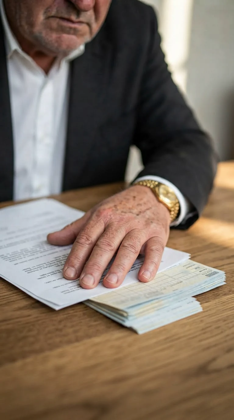 Two sheets of paper and bank slips on a desk under a man's hand.