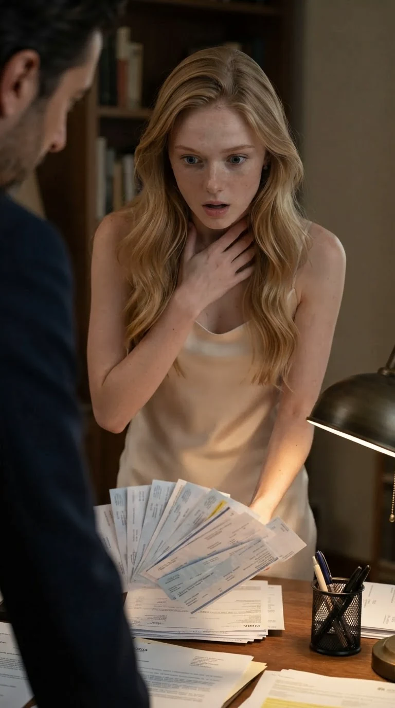 A blonde woman stares at paper slips fanned across a desk, face going pale.