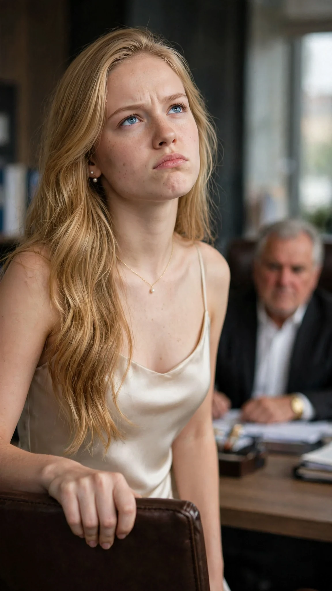 A blonde woman grips the back of a chair, chin lifted, eyes hard.