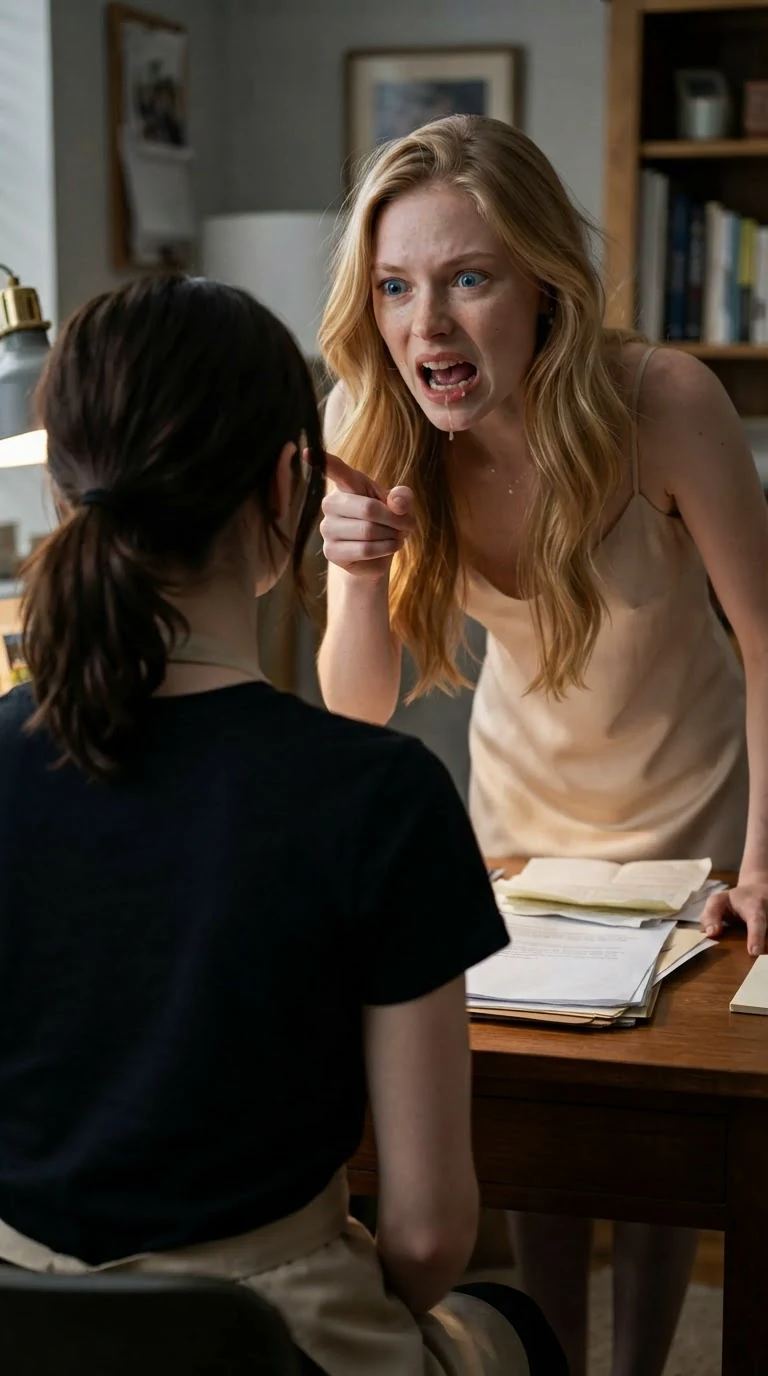 A blonde woman leans forward over a desk, spitting words, one finger pointed.