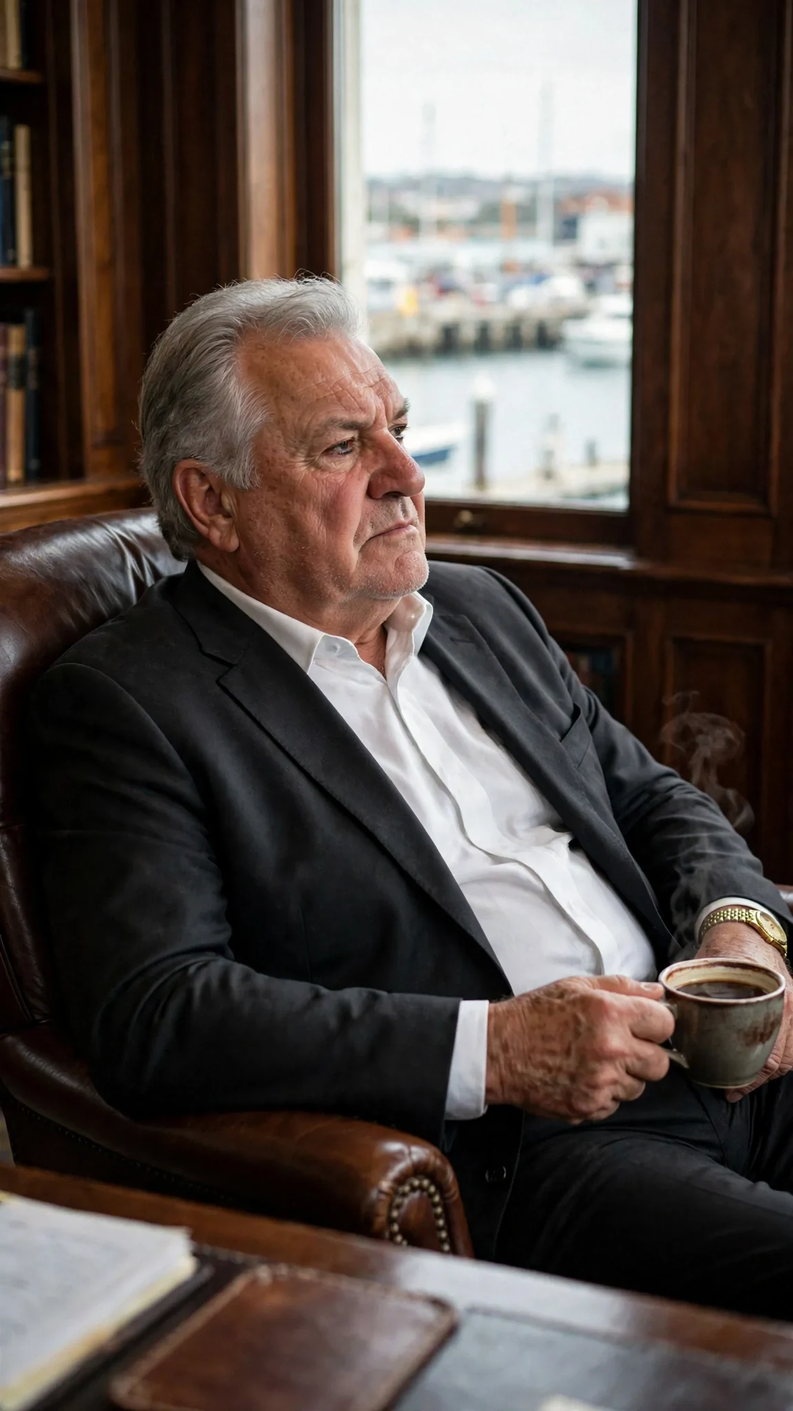 A heavy-set older man sits back in his chair, calm, coffee in hand.