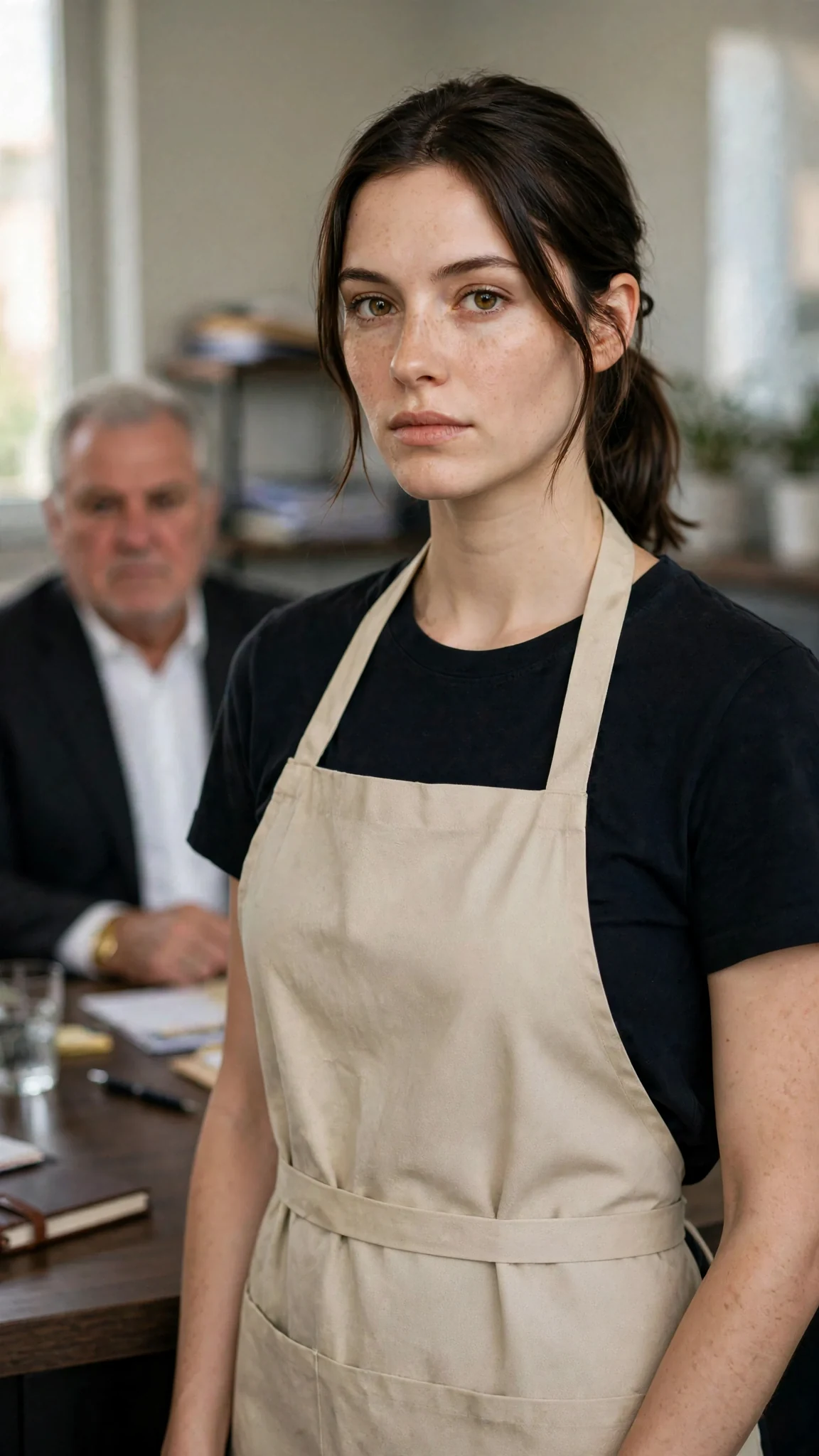 A dark-haired young woman stands very still, hands at her sides, facing a seated man.