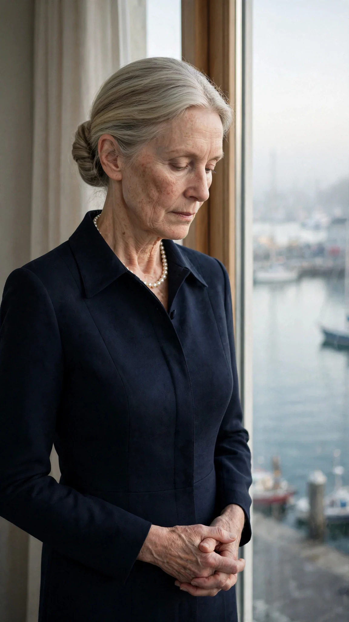 A pale older woman in pearls stands near a window, eyes lowered, hands clasped.
