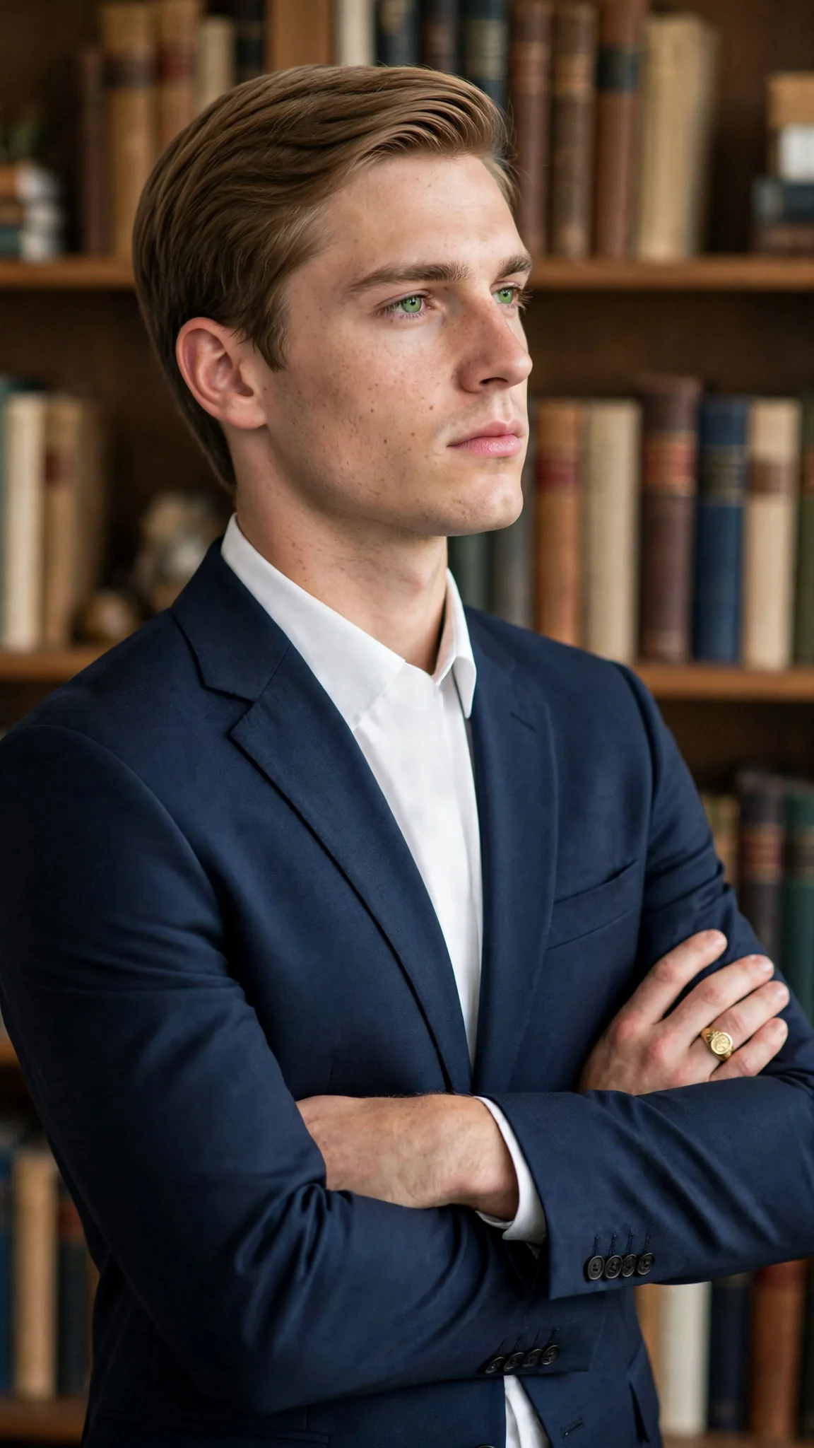 A lean young man in a tailored suit stands with arms folded, chin raised.