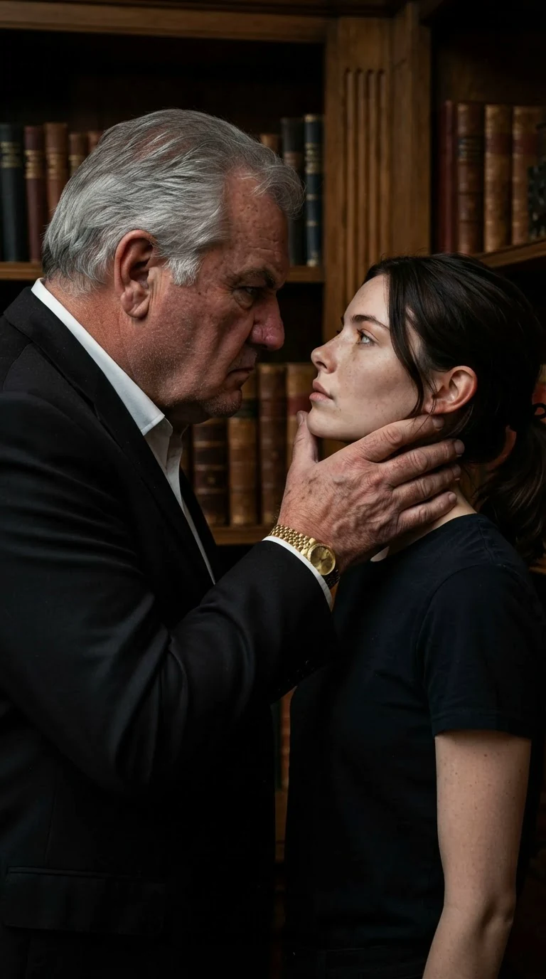 A heavy-set man grips a young woman's jaw and turns her face to his.