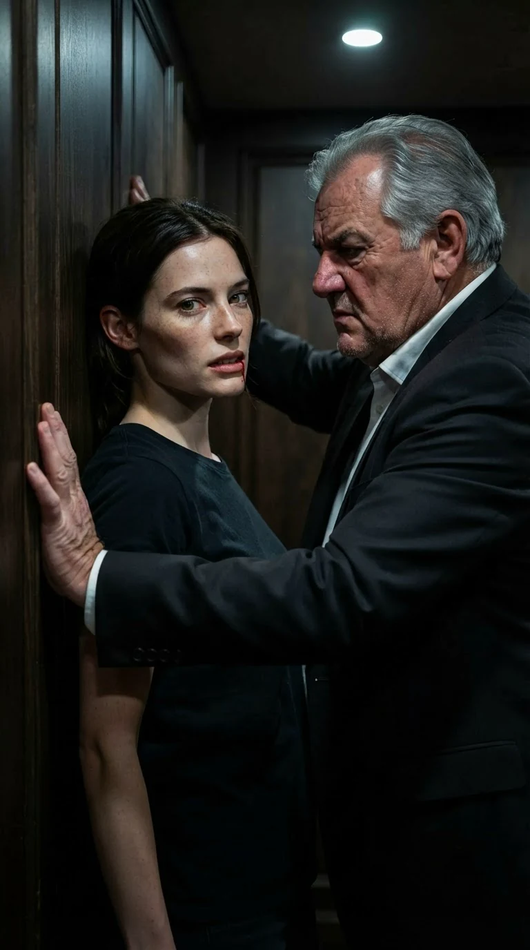 A young woman is shoved hard against a paneled wall, head turned.