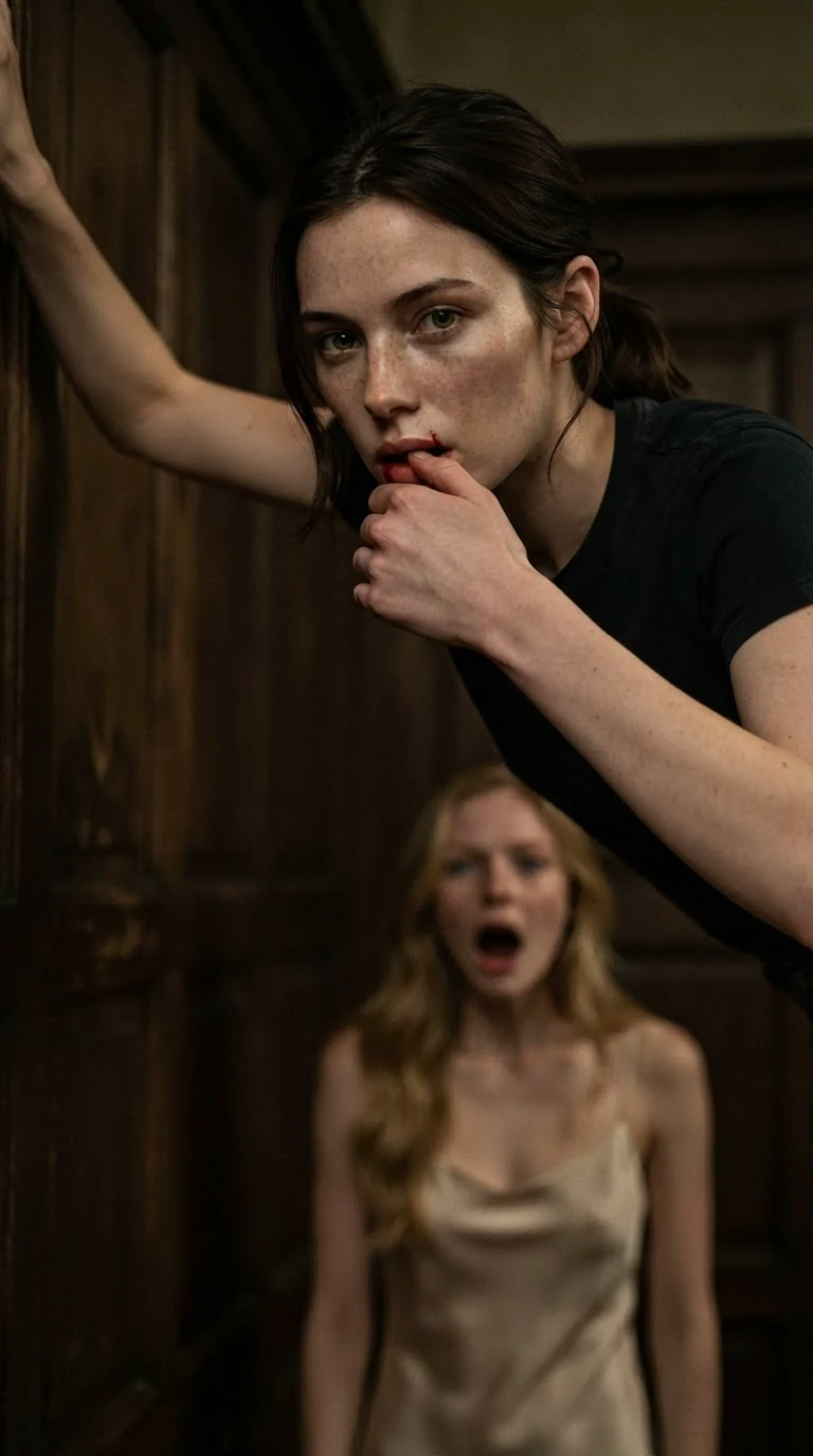 A young woman stands up from a wall, wiping blood from her lip with her thumb.