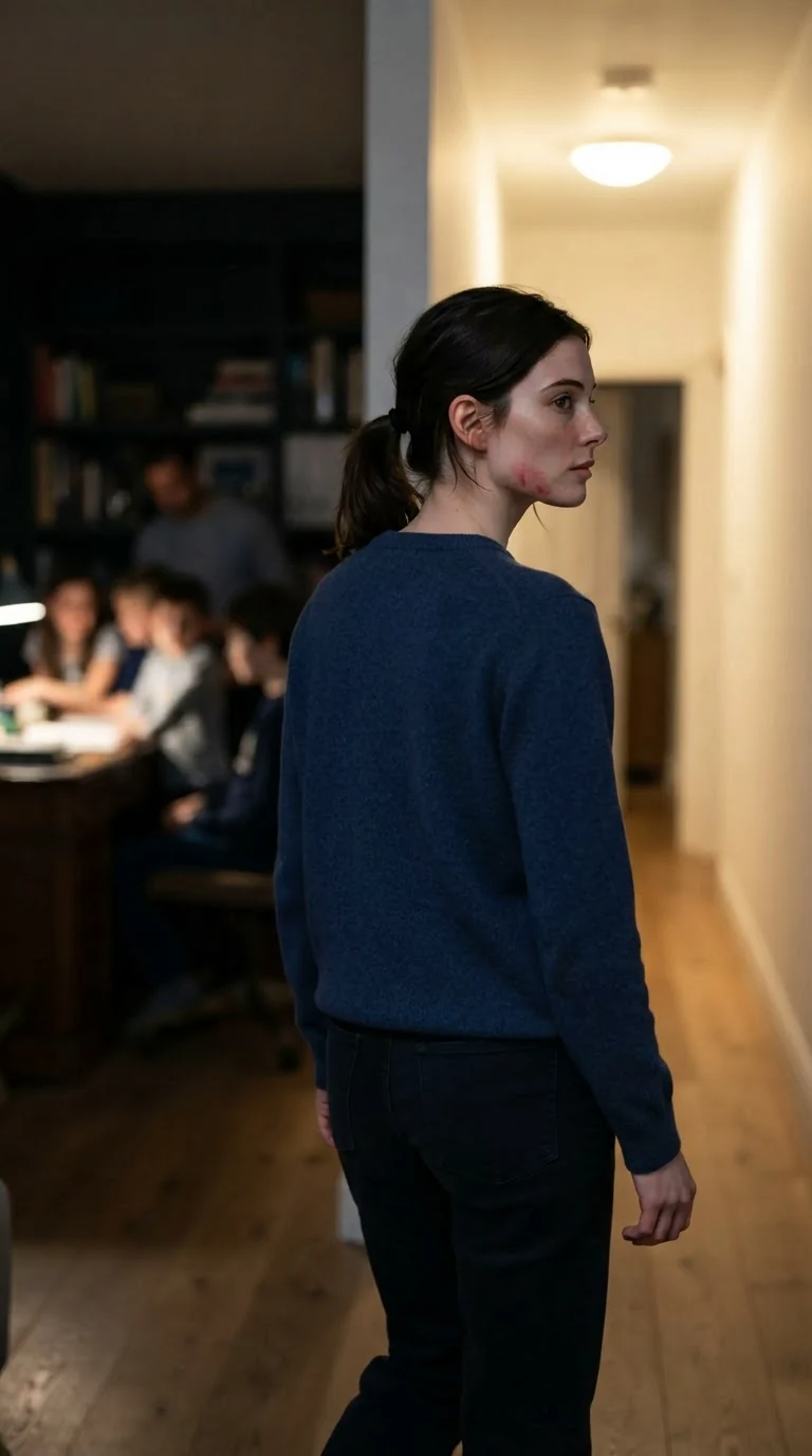 A young woman walks out of a study doorway into a bright hallway, back straight.