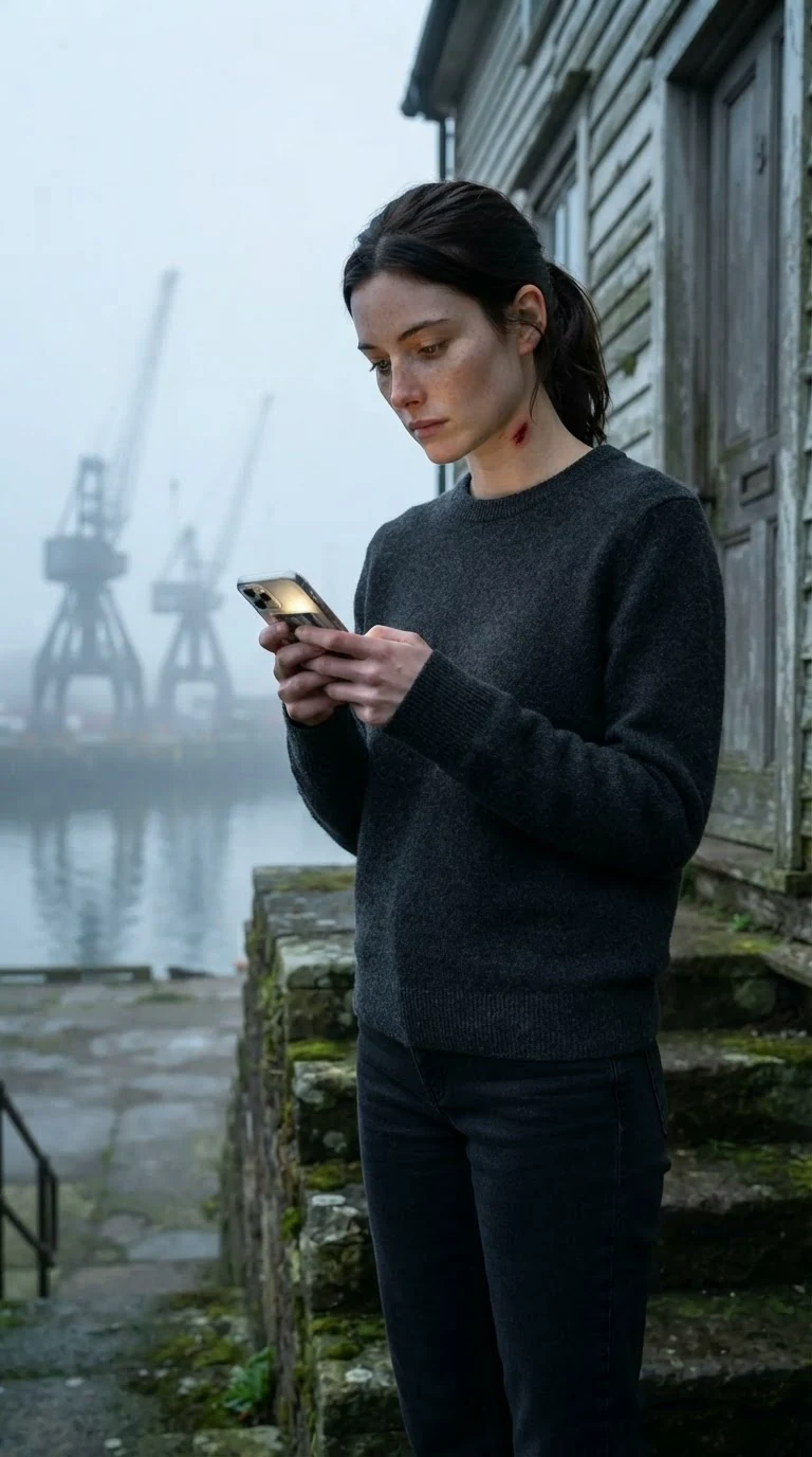 A young woman stands alone on a stone step outdoors, phone lit in her hand.
