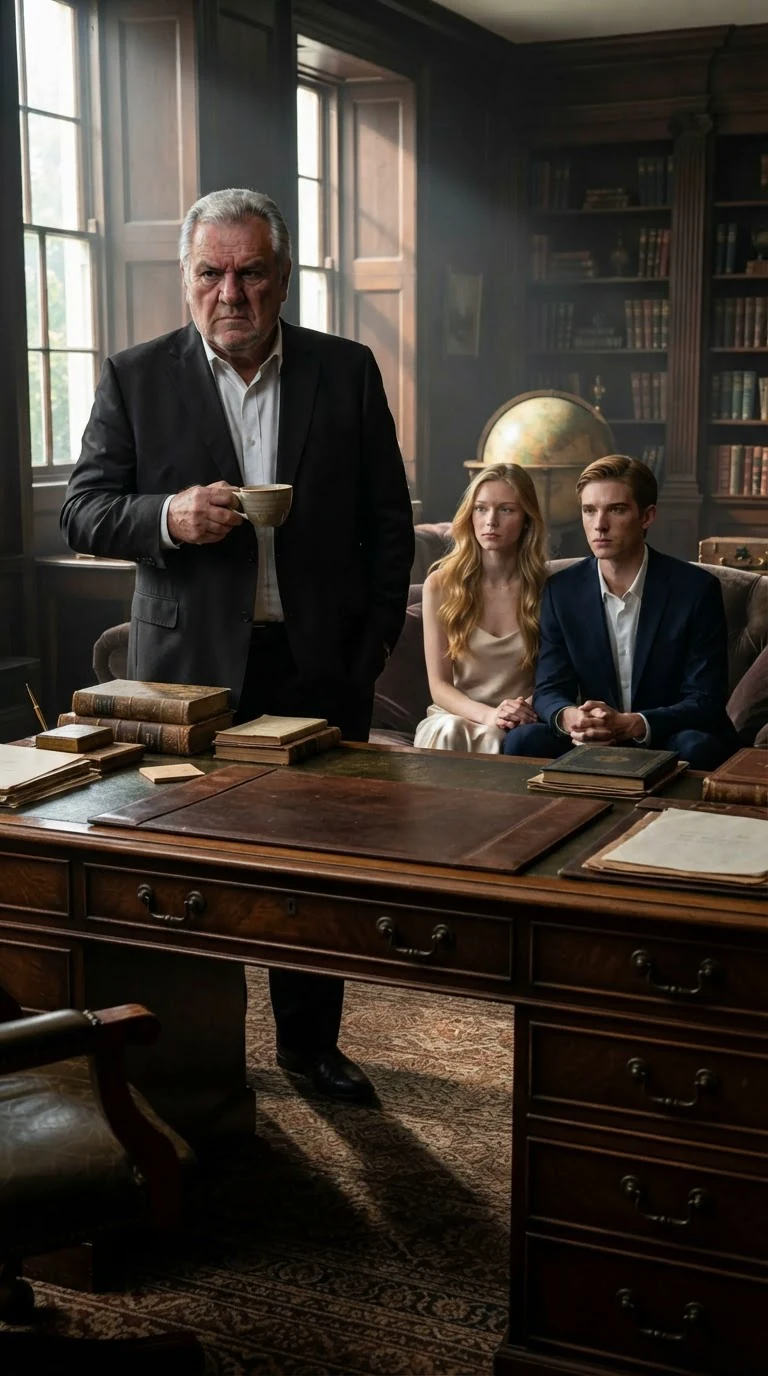 Vittorio stands at his study desk in the morning light while Fiorella and Adrian watch him.