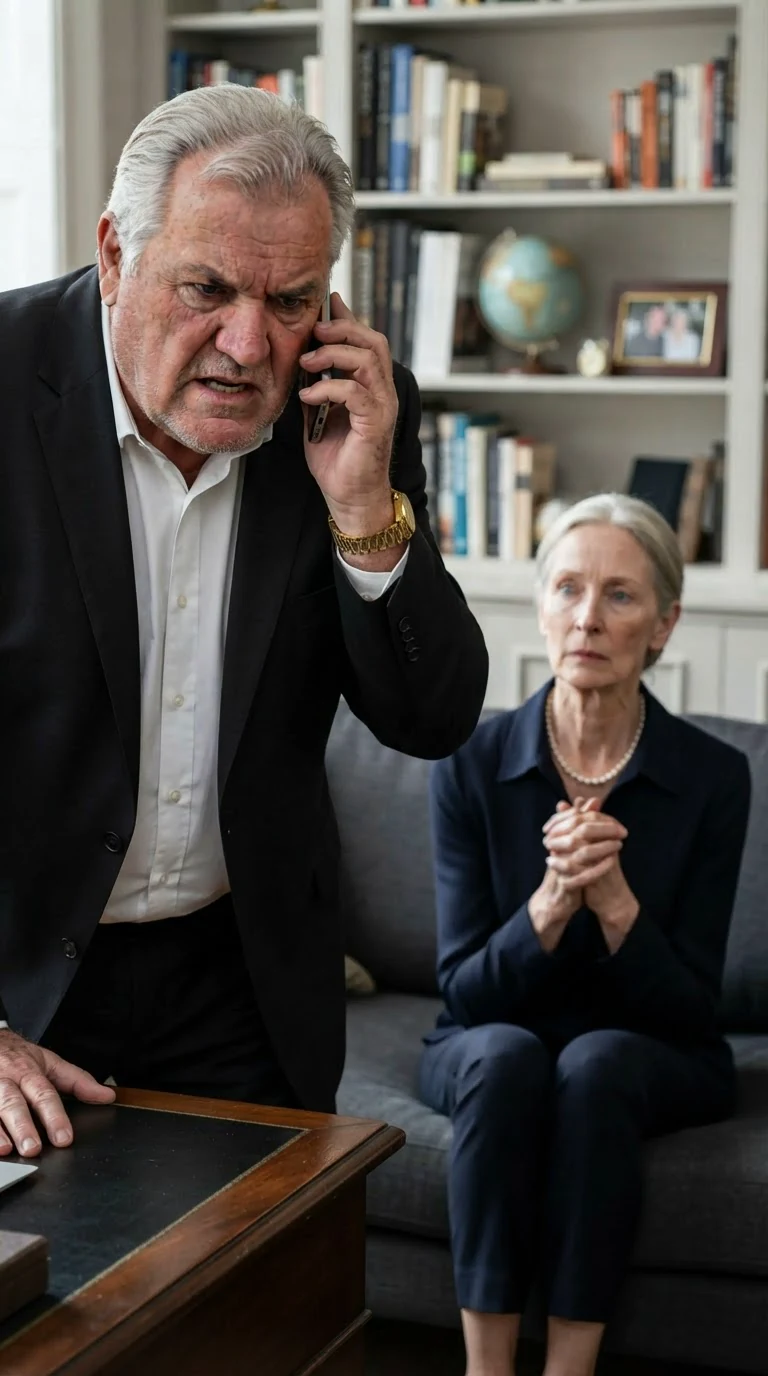 Vittorio answers a phone at his desk, frowning, while the family watches.