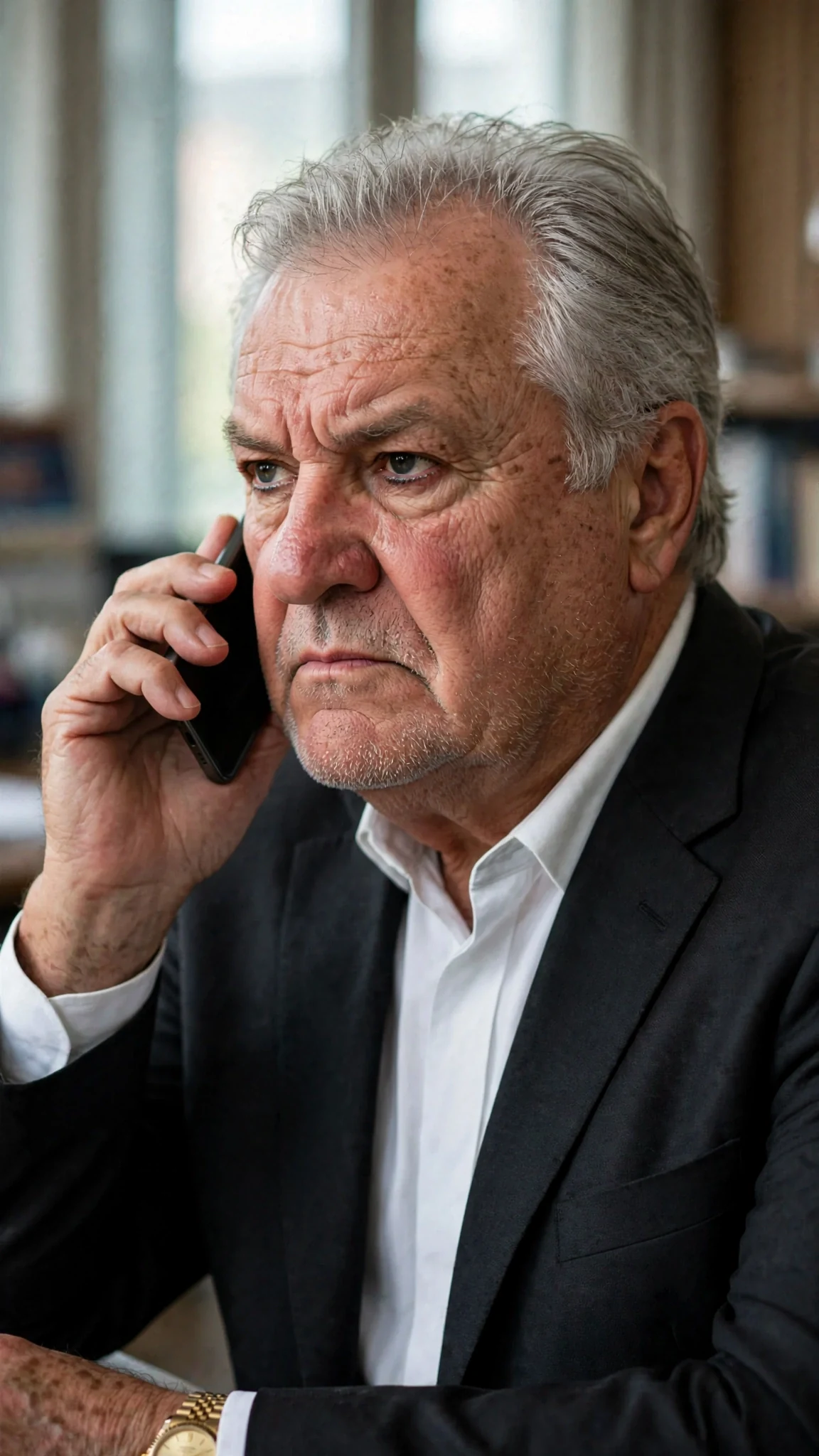 Vittorio's smile dies as he listens, the phone pressed hard to his ear.