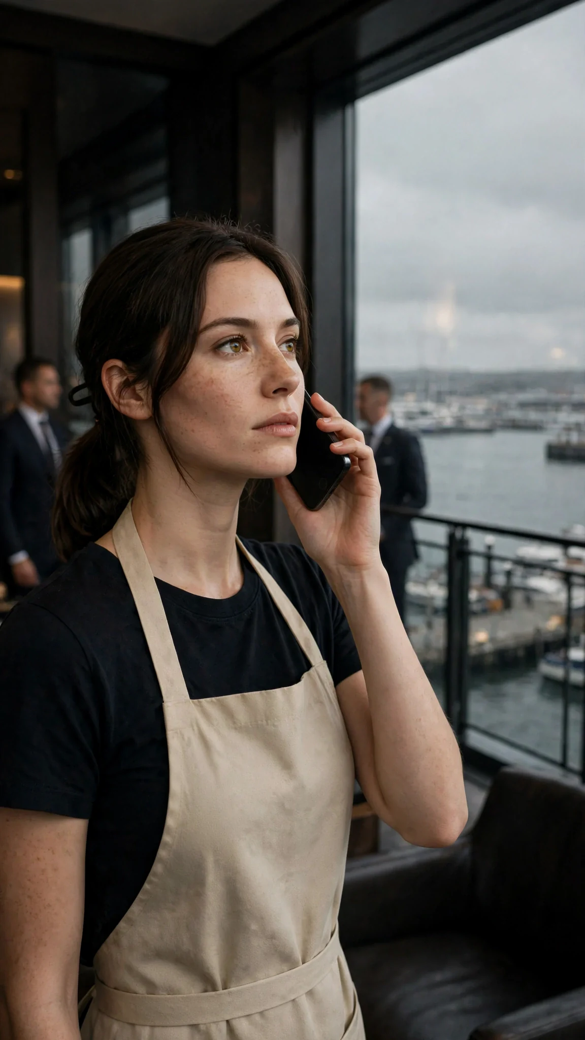 Renata stands on a private floor above the boathouse, phone at her ear, calm.