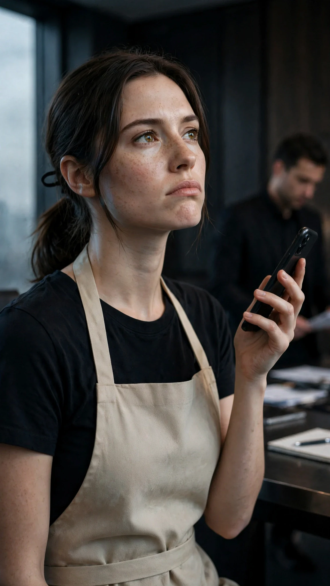 Renata holds the phone away from her ear, unshaken, eyes steady.