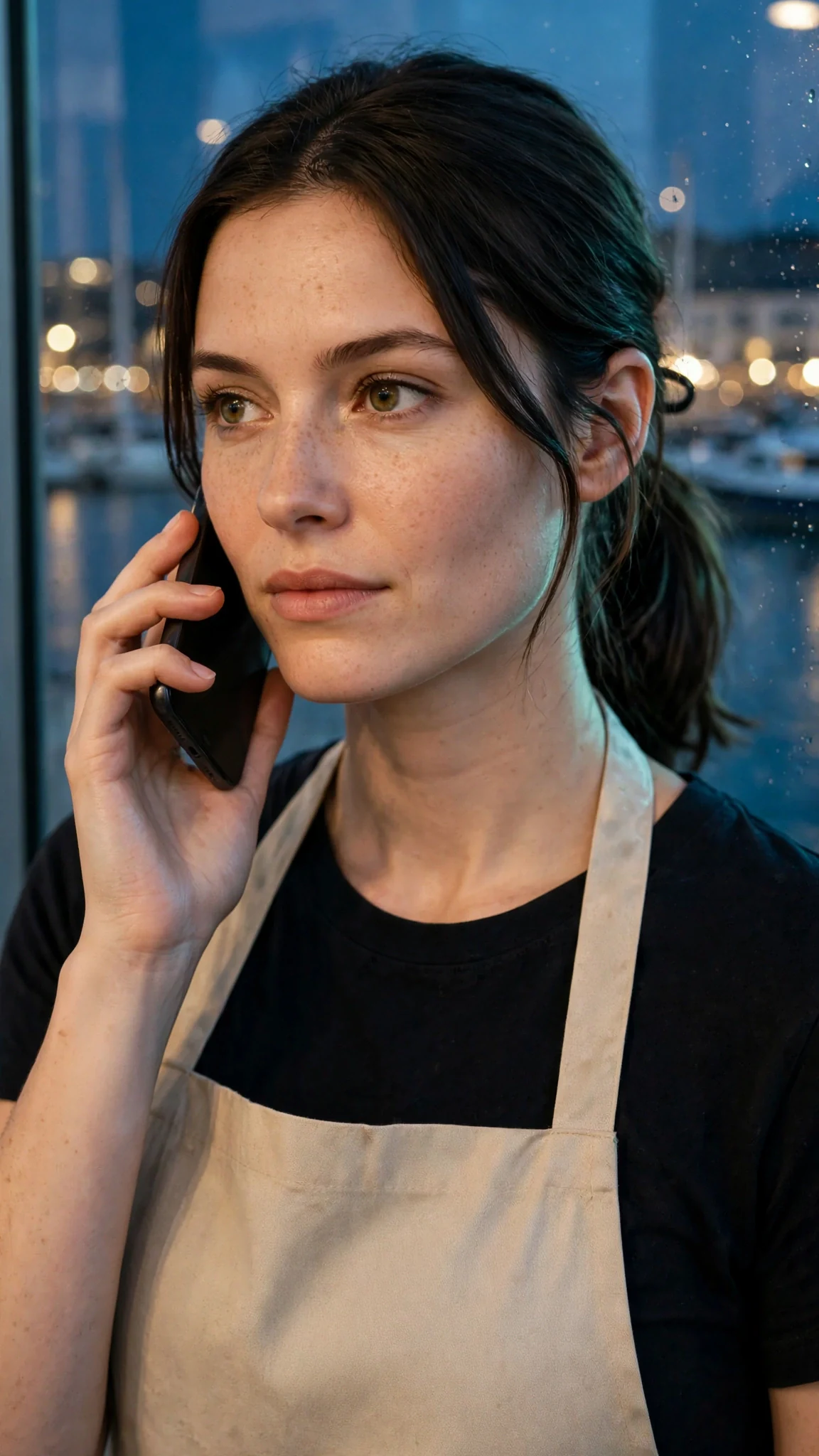 Close on Renata's face, cool and certain, the phone at her cheek.