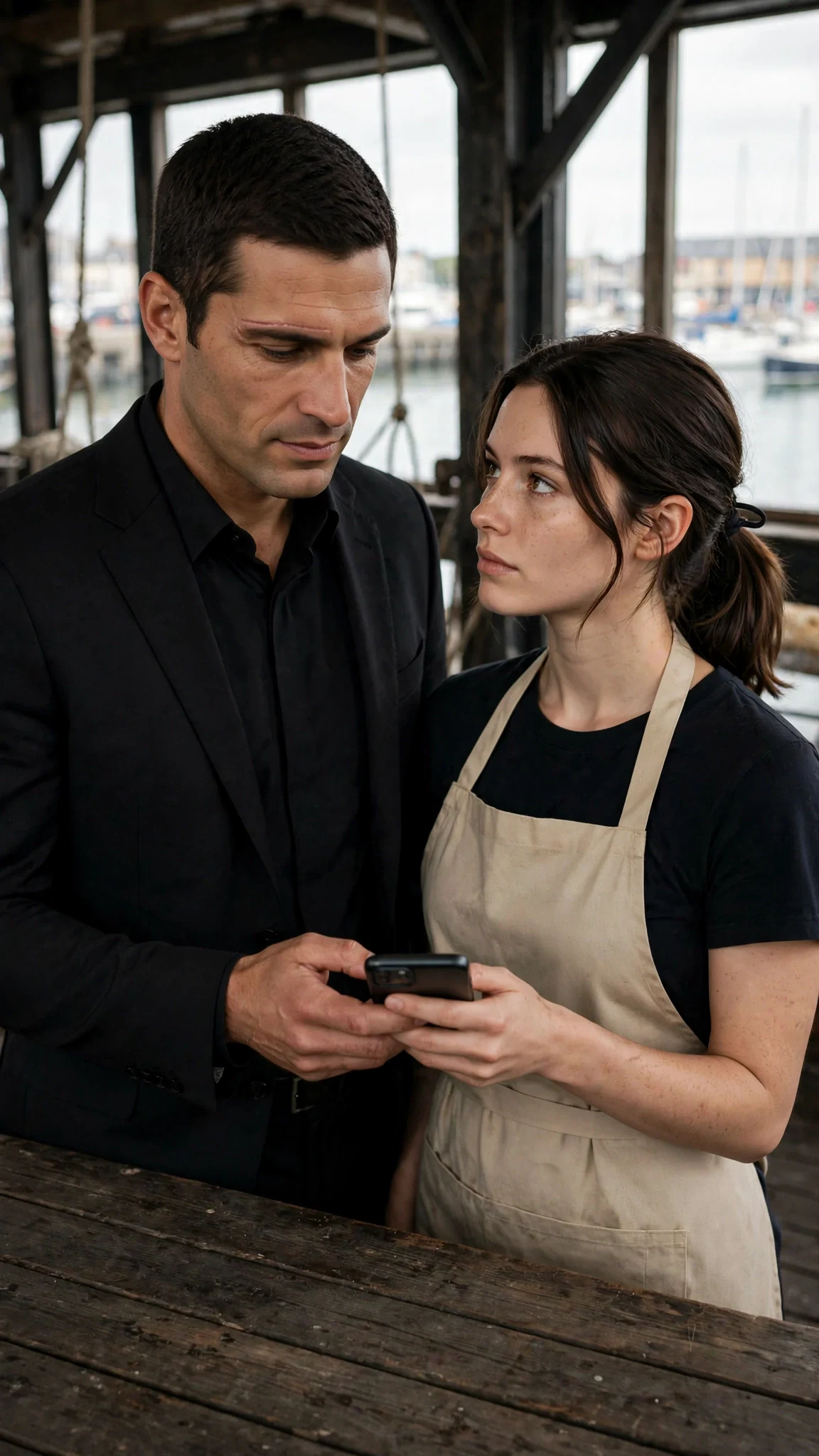 Saverio takes the phone from Renata, calm and dangerous, the room dark behind him.