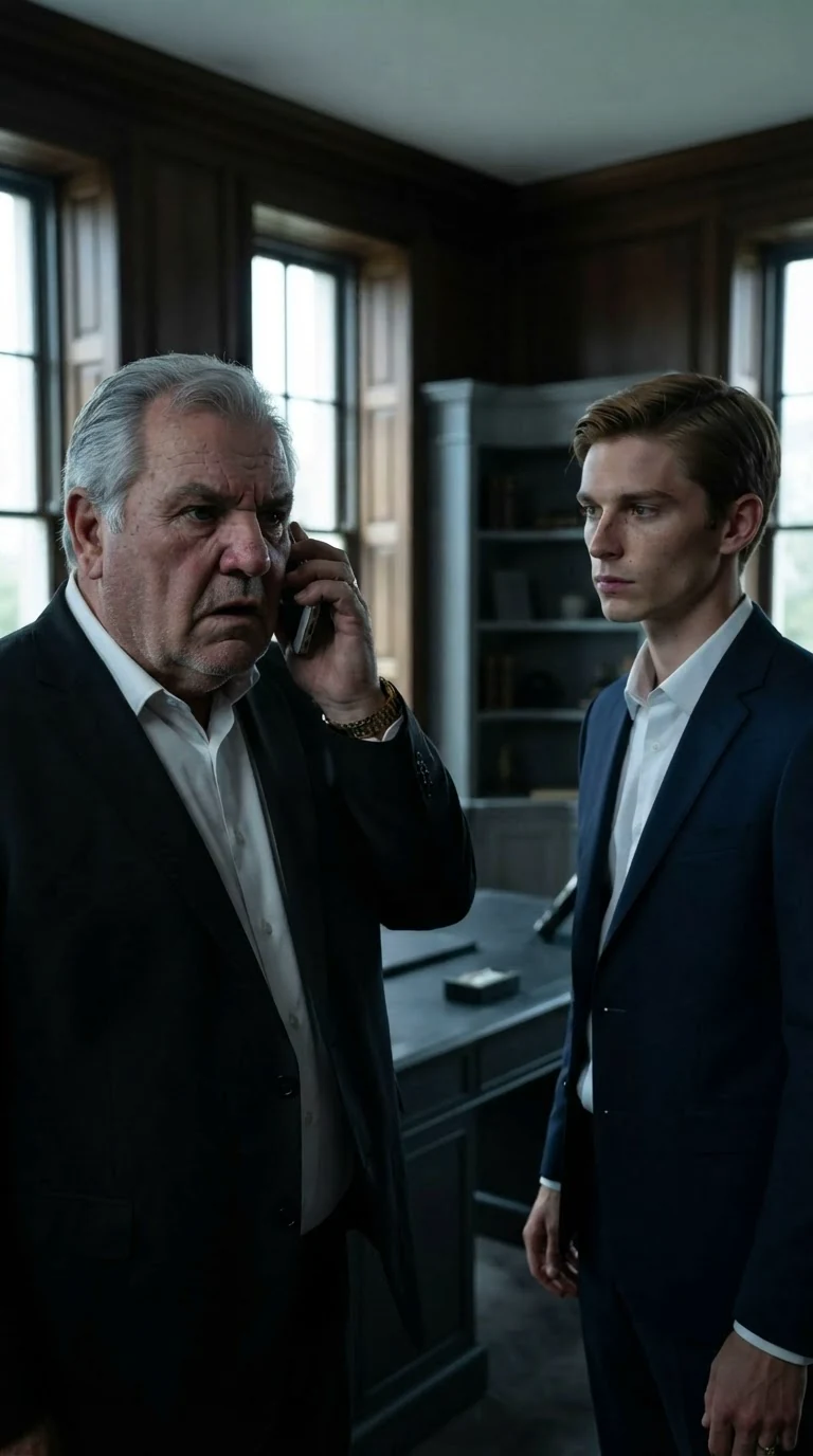 Vittorio holds the phone to his ear, face gone gray, Adrian watching him.
