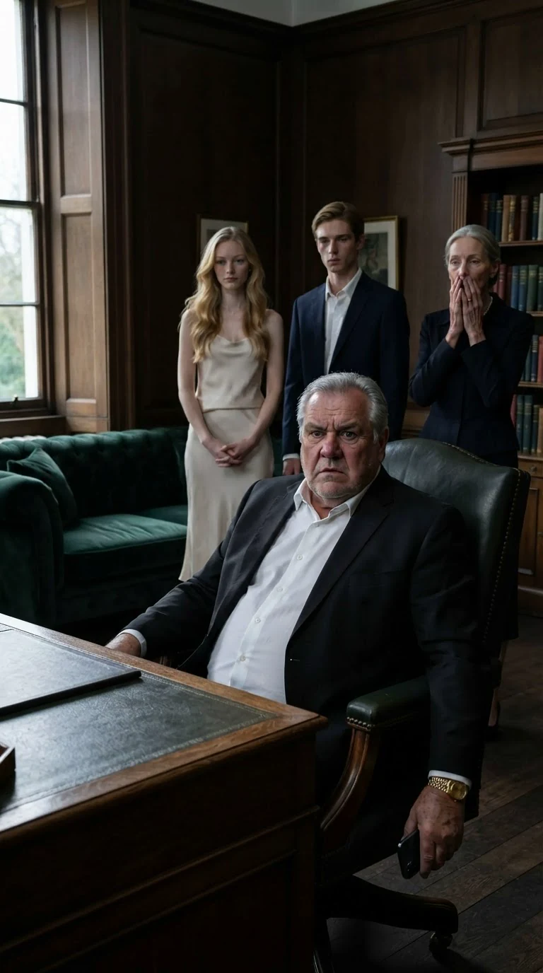 Vittorio sinks into his chair, phone loose in his hand, the family staring.