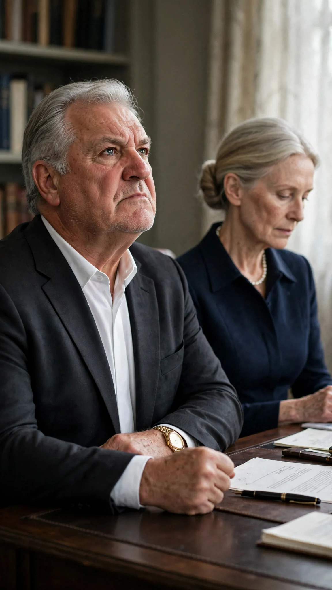 Vittorio at his desk, jaw set, trying to sound sure while Beatrice looks away.