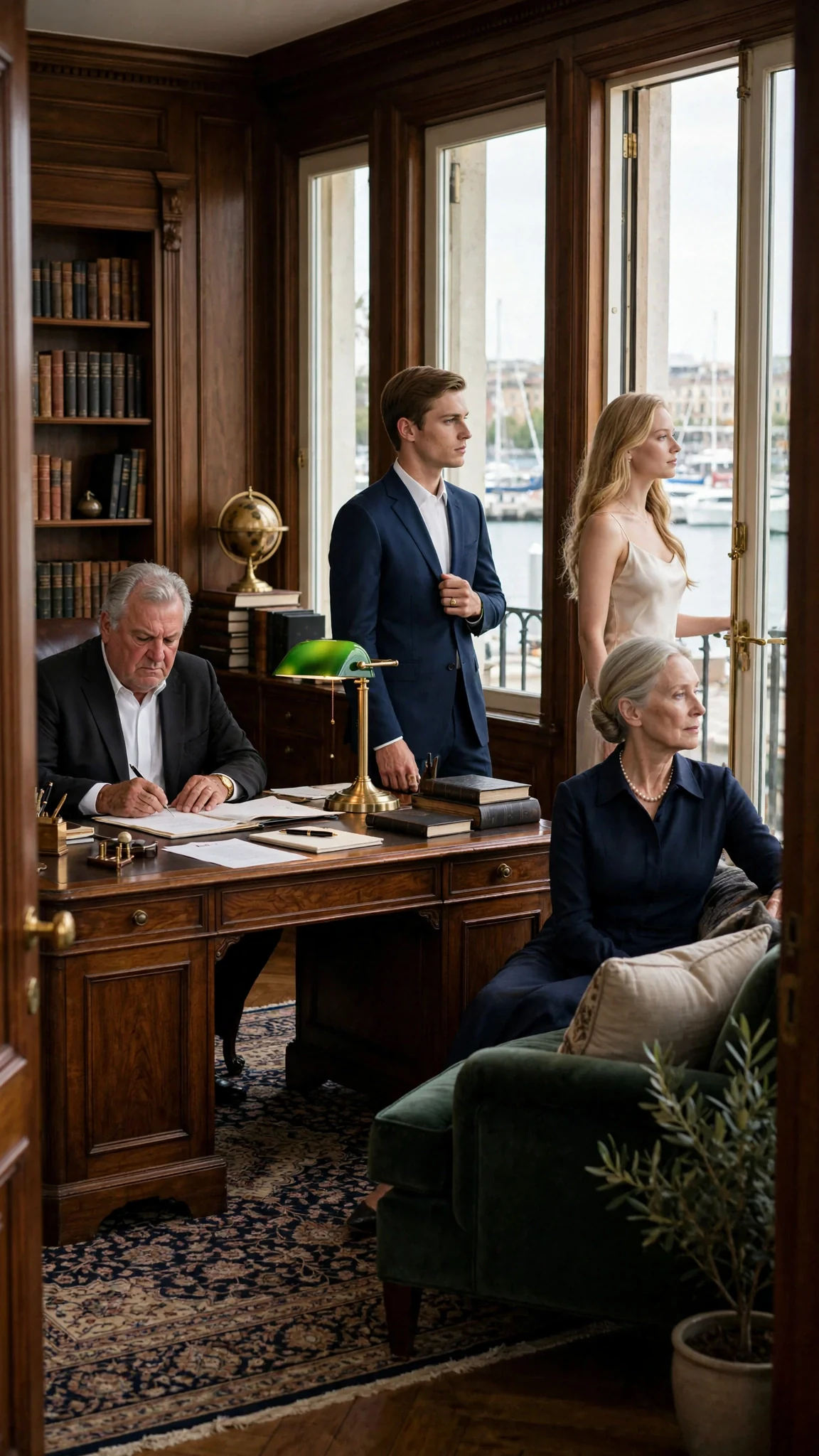 Wide shot of the study from the doorway, four people apart from each other, the water outside bright.