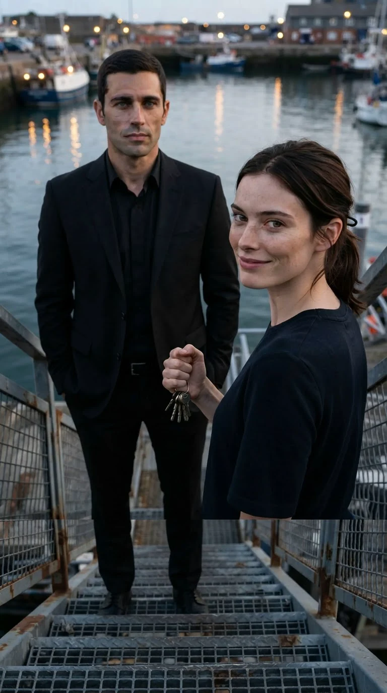 Renata on the boathouse stairs, Saverio beside her, keys in her hand.