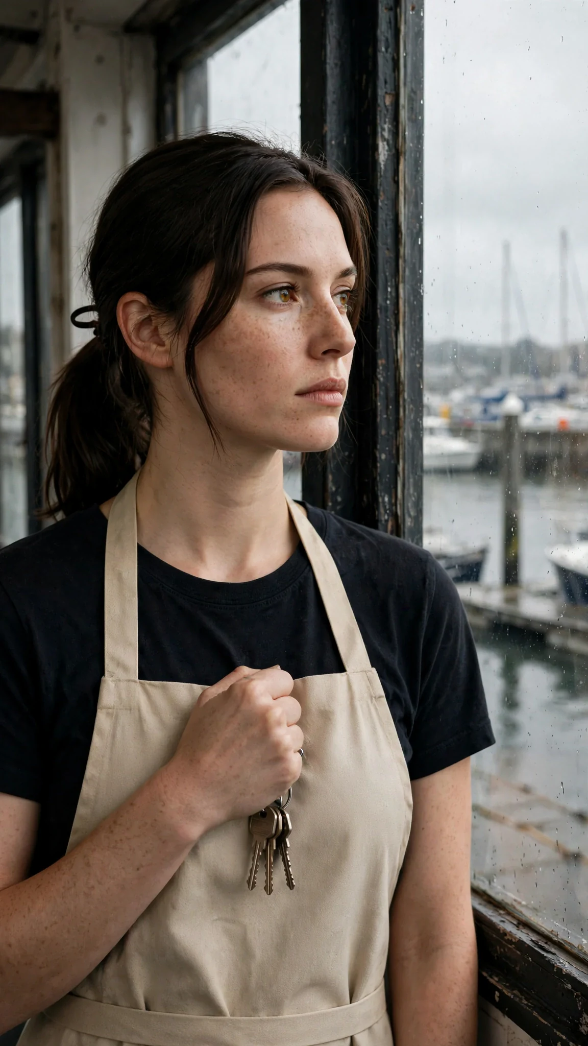 Renata looks out at the harbor, keys closed in her fist, expression set.