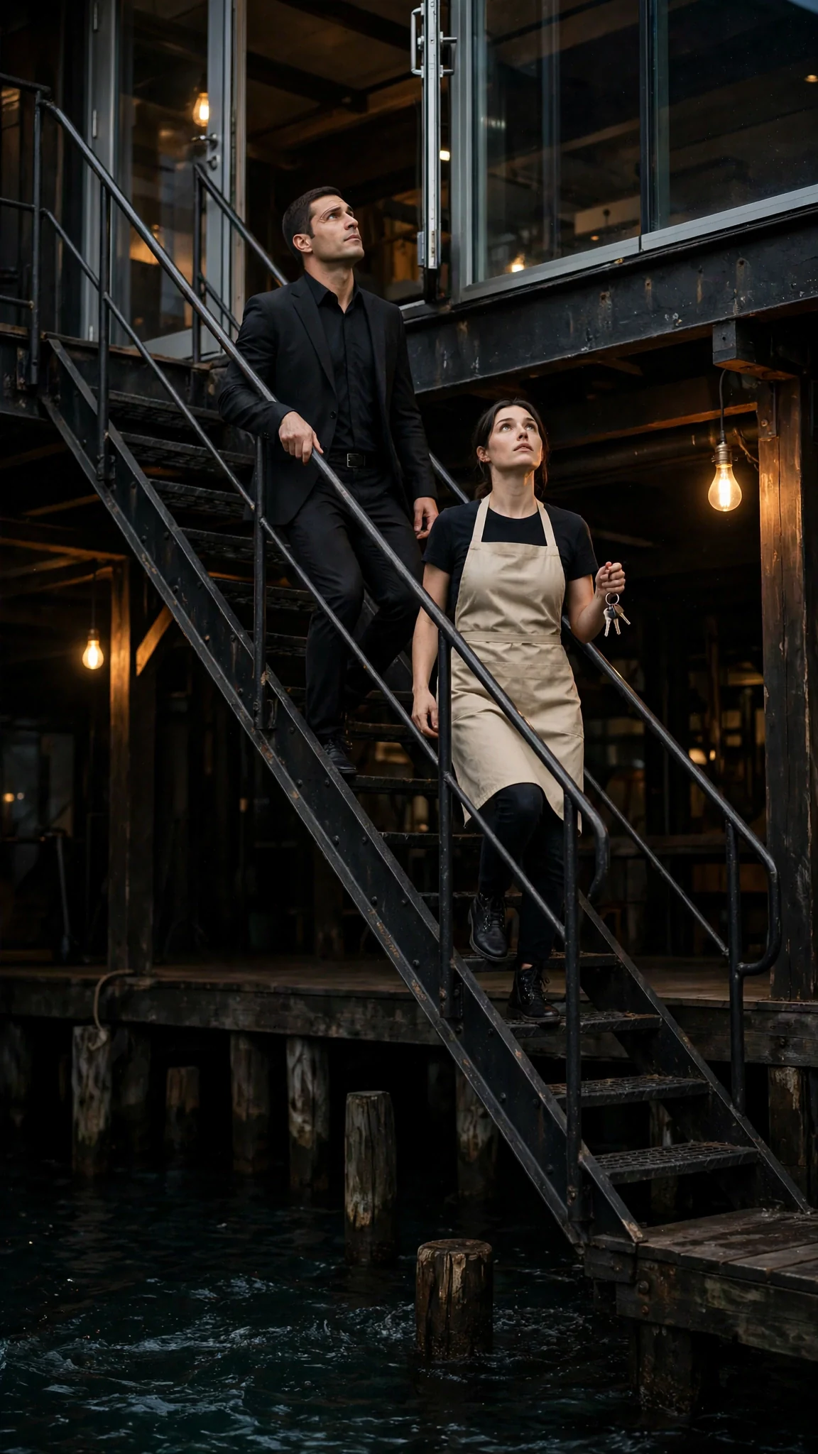 A tall man in a black suit climbs iron stairs above a boathouse at night, a dark-haired woman behind him with keys in her hand.