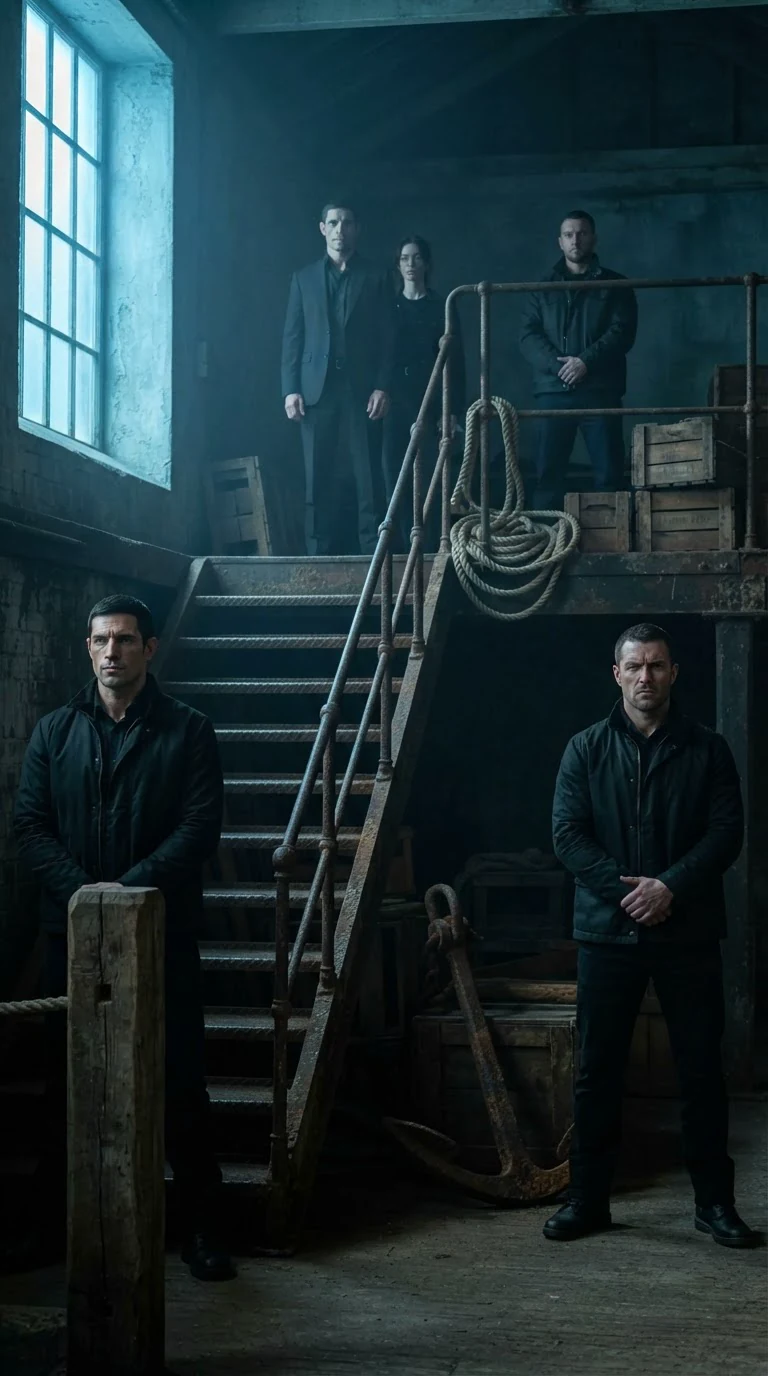Two men in dark jackets stand at the foot of the stairs while a third takes the top landing.