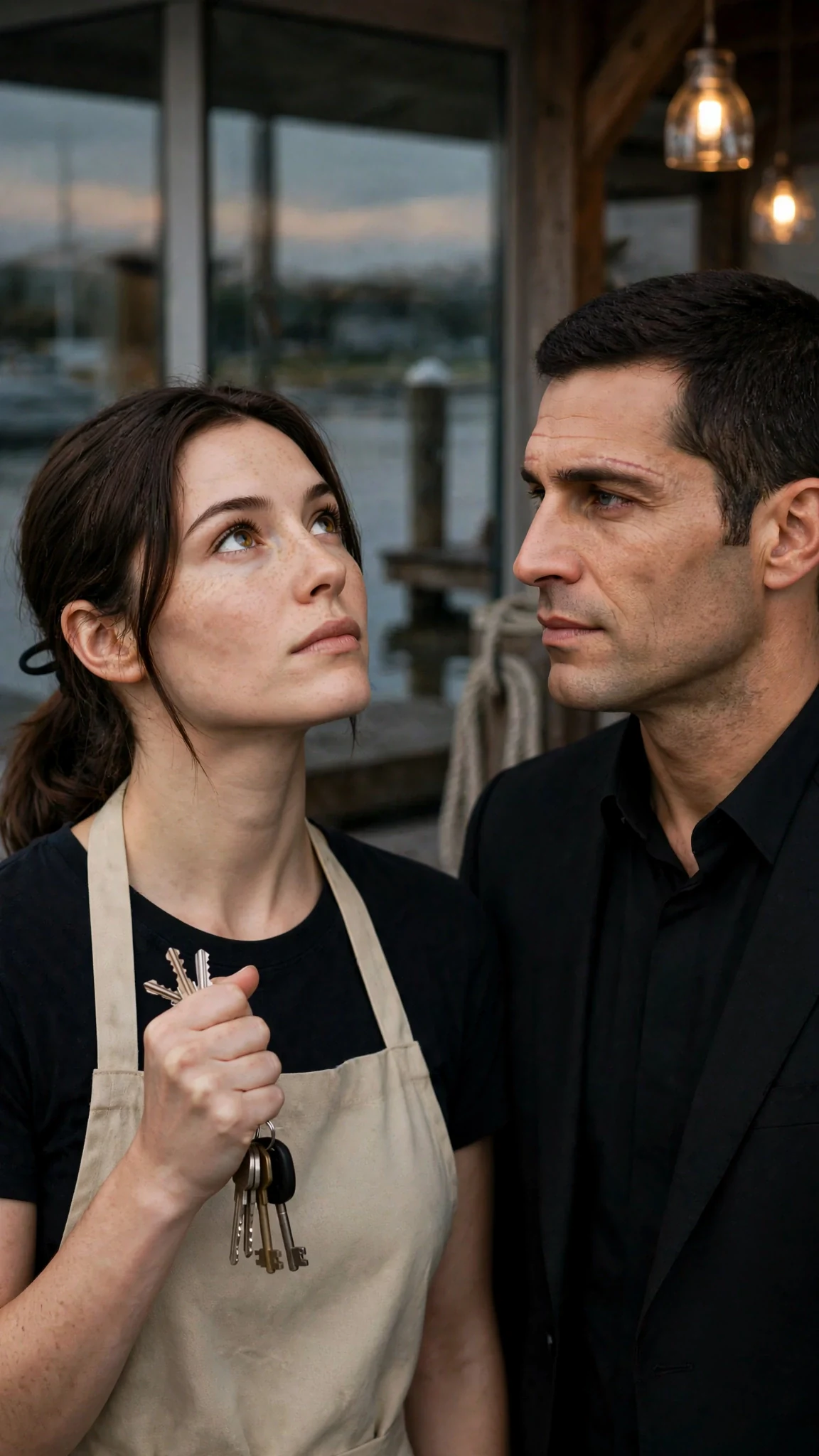 A woman with keys looks up at a tall scarred man on the landing, her jaw set.