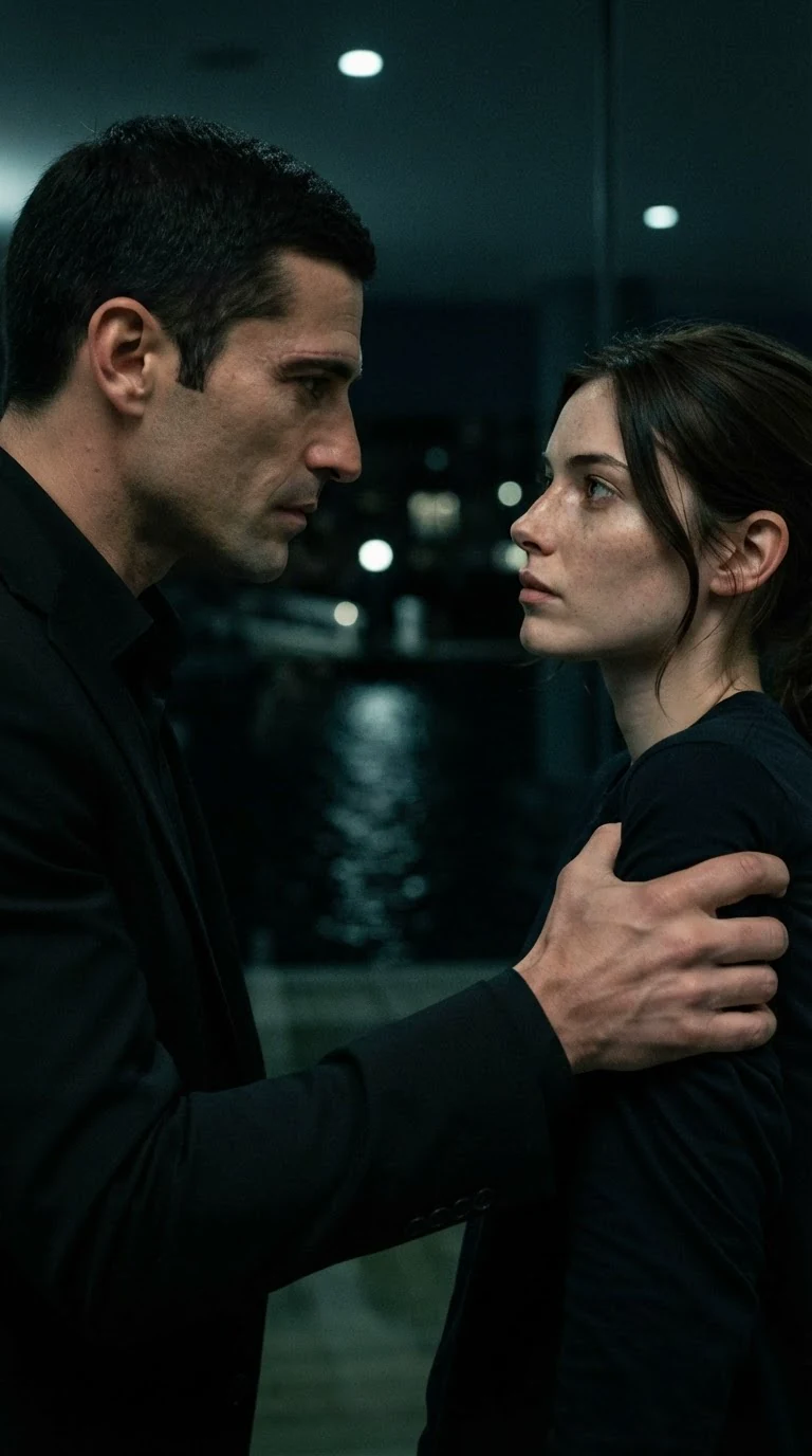 A man in a black suit grips a woman's arm hard above the elbow while he speaks into her face.