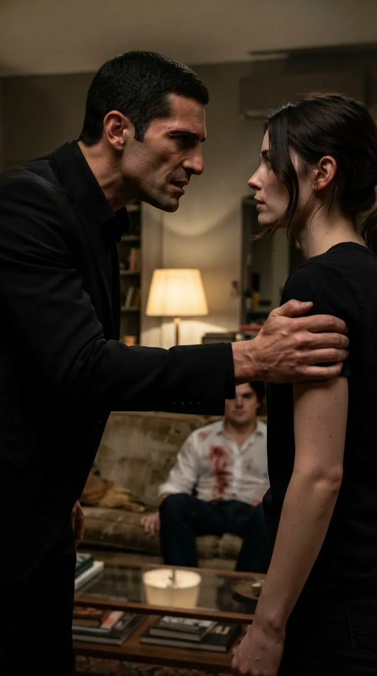 A scarred man leans close to a woman, his jaw tight, her arm still in his grip.