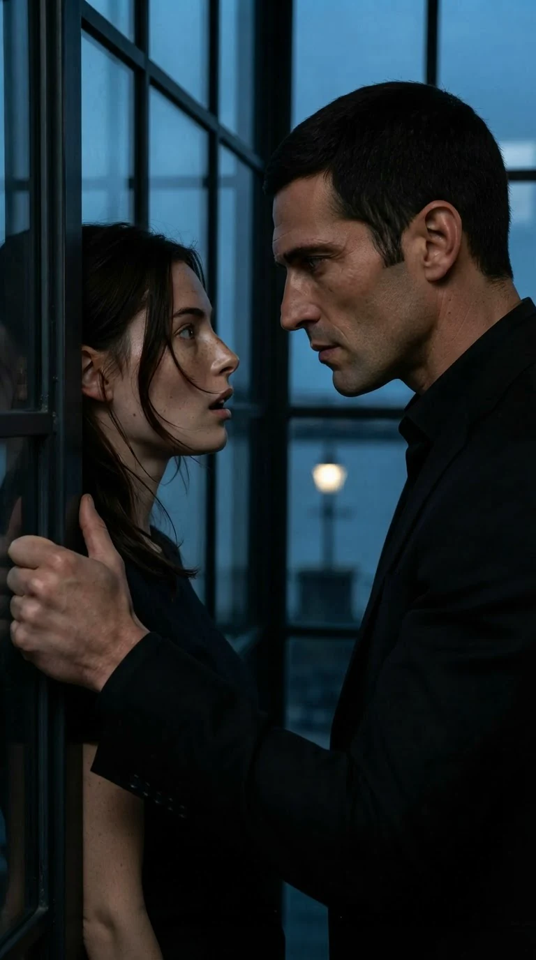 A woman is shoved back against the steel frame of a glass window, breath knocked out, a man leaning over her.