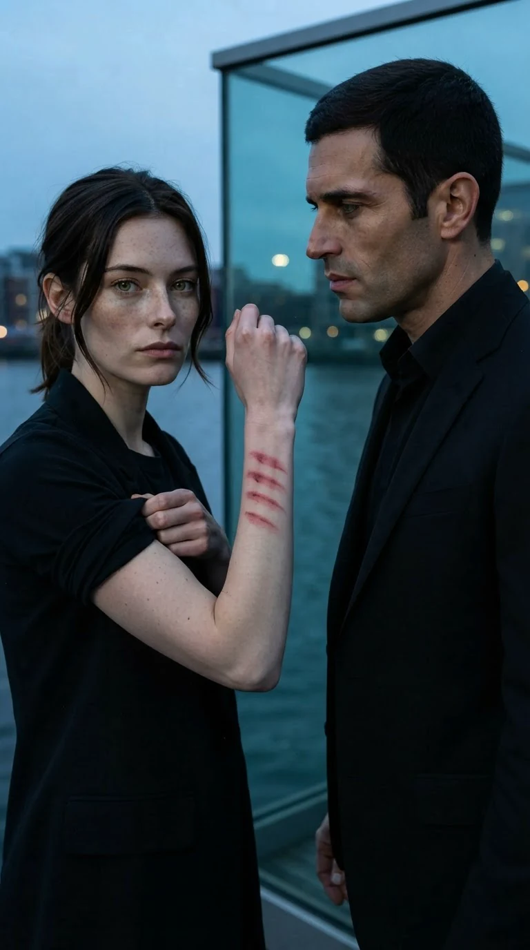 A woman holds up her own forearm showing four red finger marks, speaking to the man in front of her.