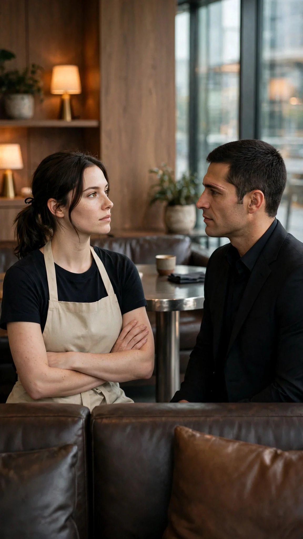 A woman stands with her arms folded, chin raised, speaking to a tall man in an open jacket.