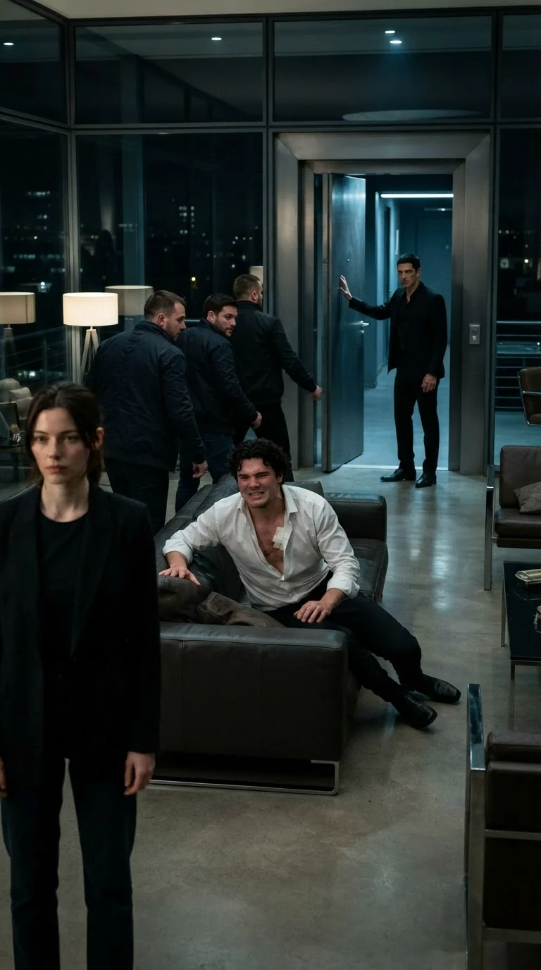 A man in a black suit nods once toward the steel door while his wounded brother pushes himself up from the couch.