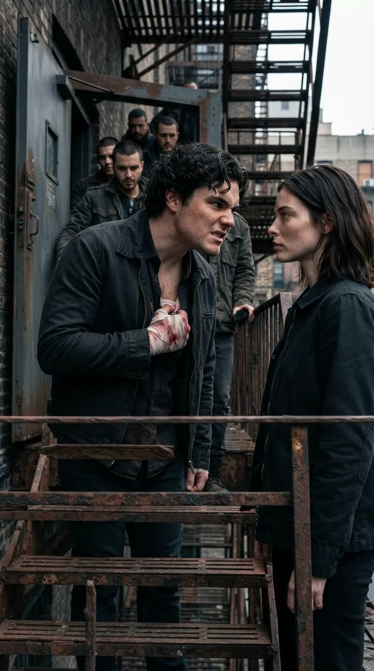 A wounded curly-haired man leans toward a woman at the open steel door and speaks with a mean mouth.