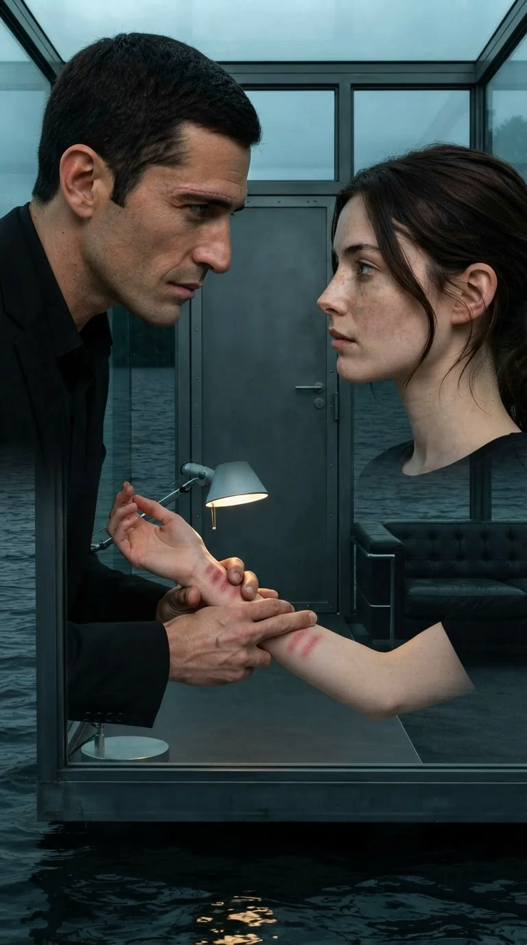 A man turns a woman's marked arm over under a lamp while she watches his face.