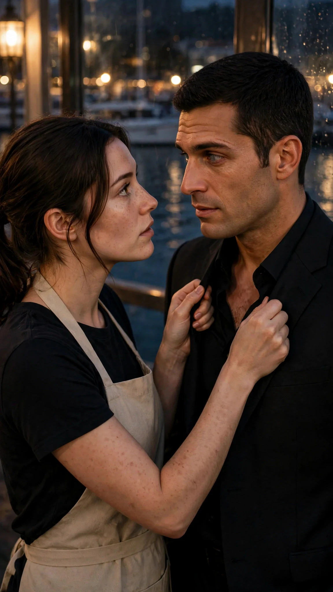 A woman steps in close and opens the top buttons of a tall man's black shirt with her own hands.