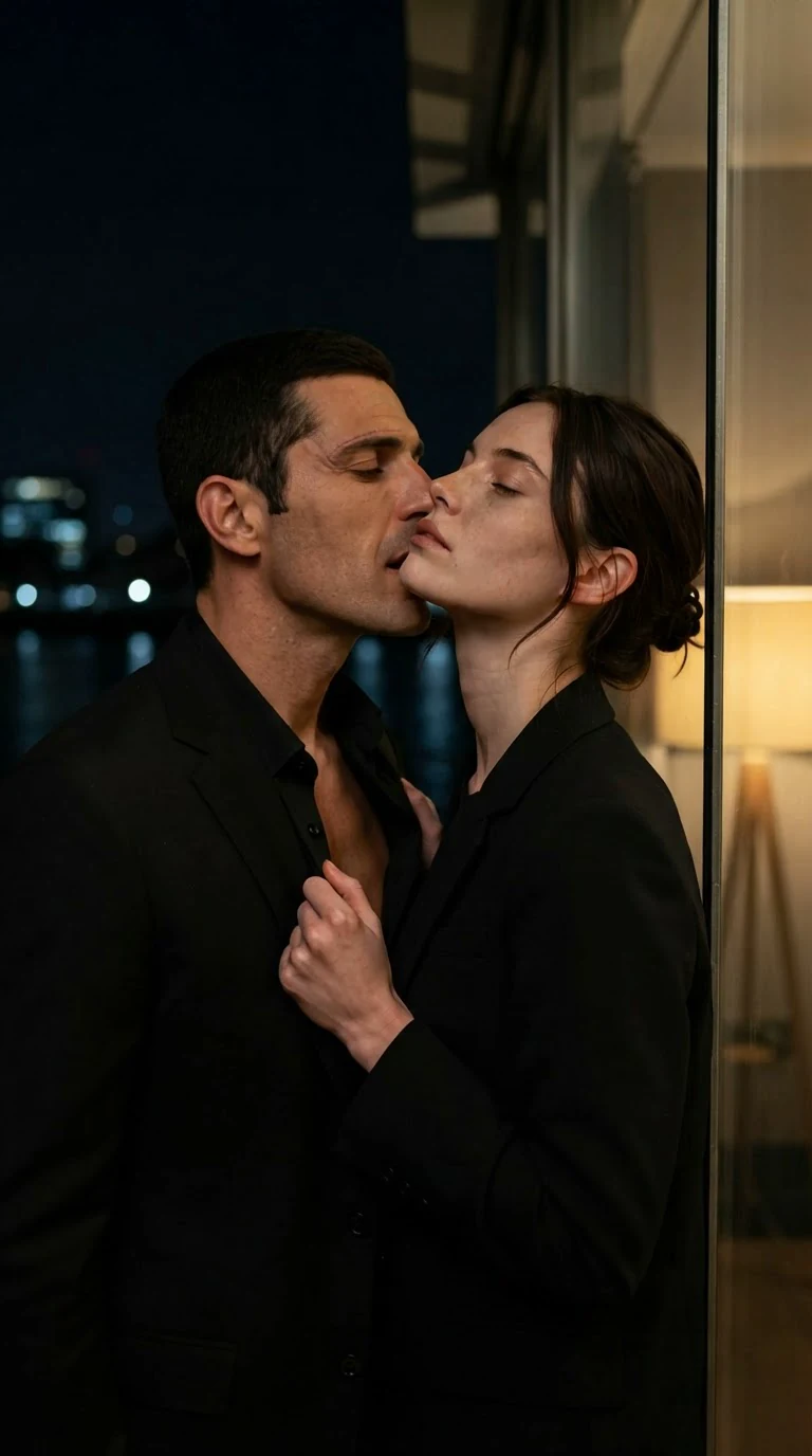A man's mouth is at a woman's throat as she tips her head back against the glass.