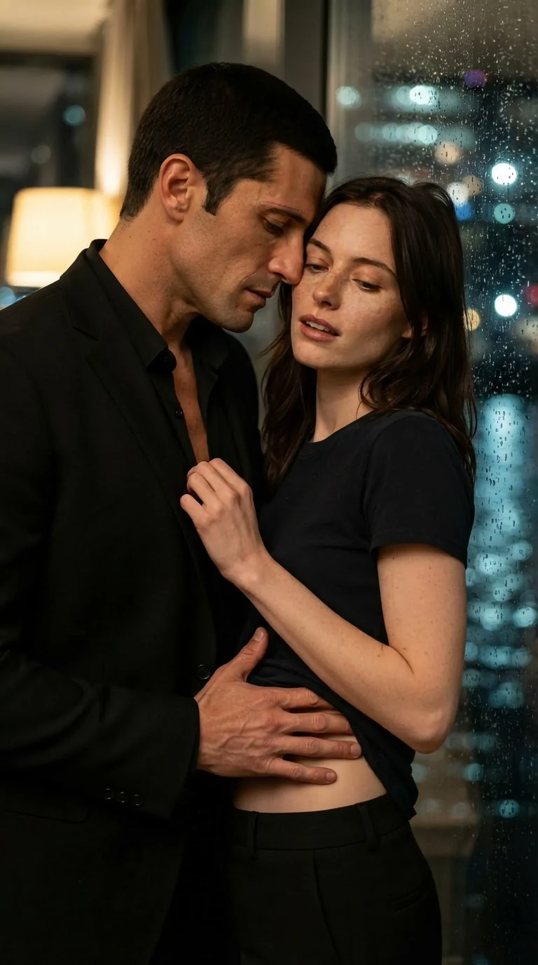 A man's hand pushes under a woman's shirt at her ribs while she leans her hips into him.