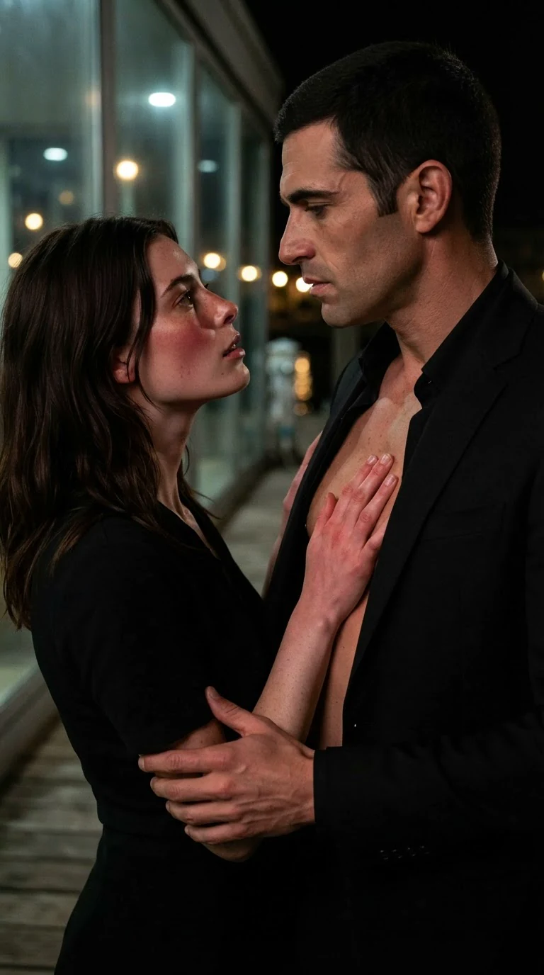 A woman stops a man with a hand flat on his bare chest, both breathing hard, faces close.