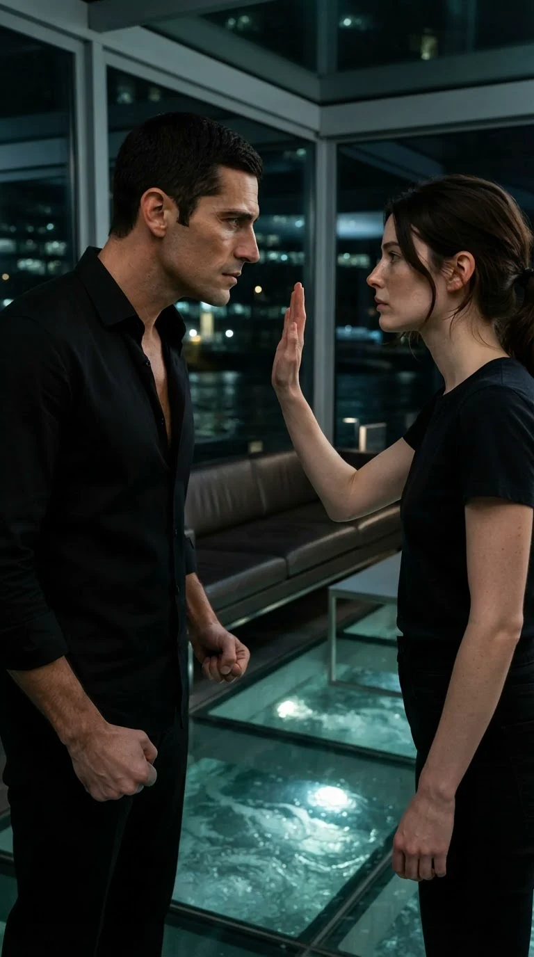 A woman speaks plainly to a man standing close, his jaw tight with held-back want.