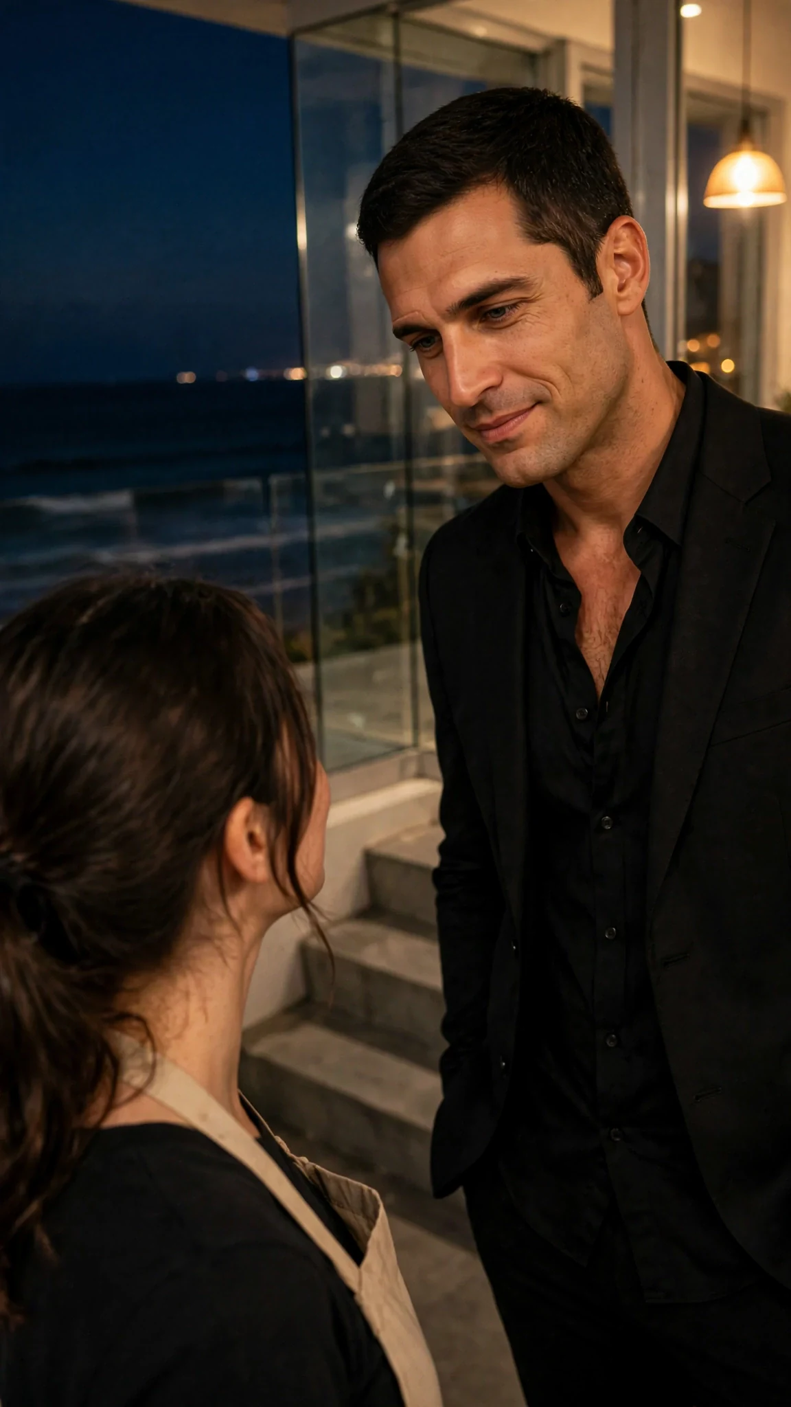 A tall scarred man studies a woman across a short space, his mouth pulled, something like respect in his eyes.