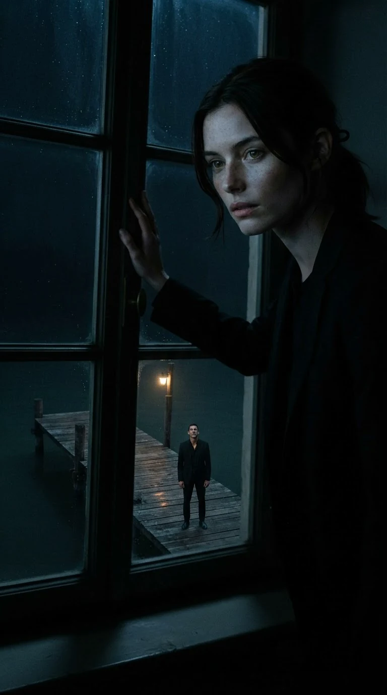 A woman stands at her bedroom window looking down at a tall man at the dock rail below.