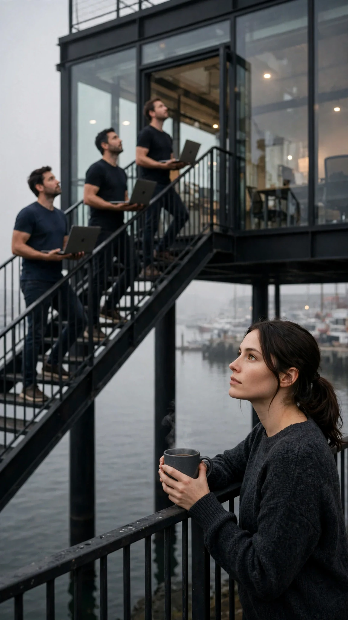 Three men carry laptops up iron stairs to a glass-walled room over the water while a young woman in dark clothes watches.